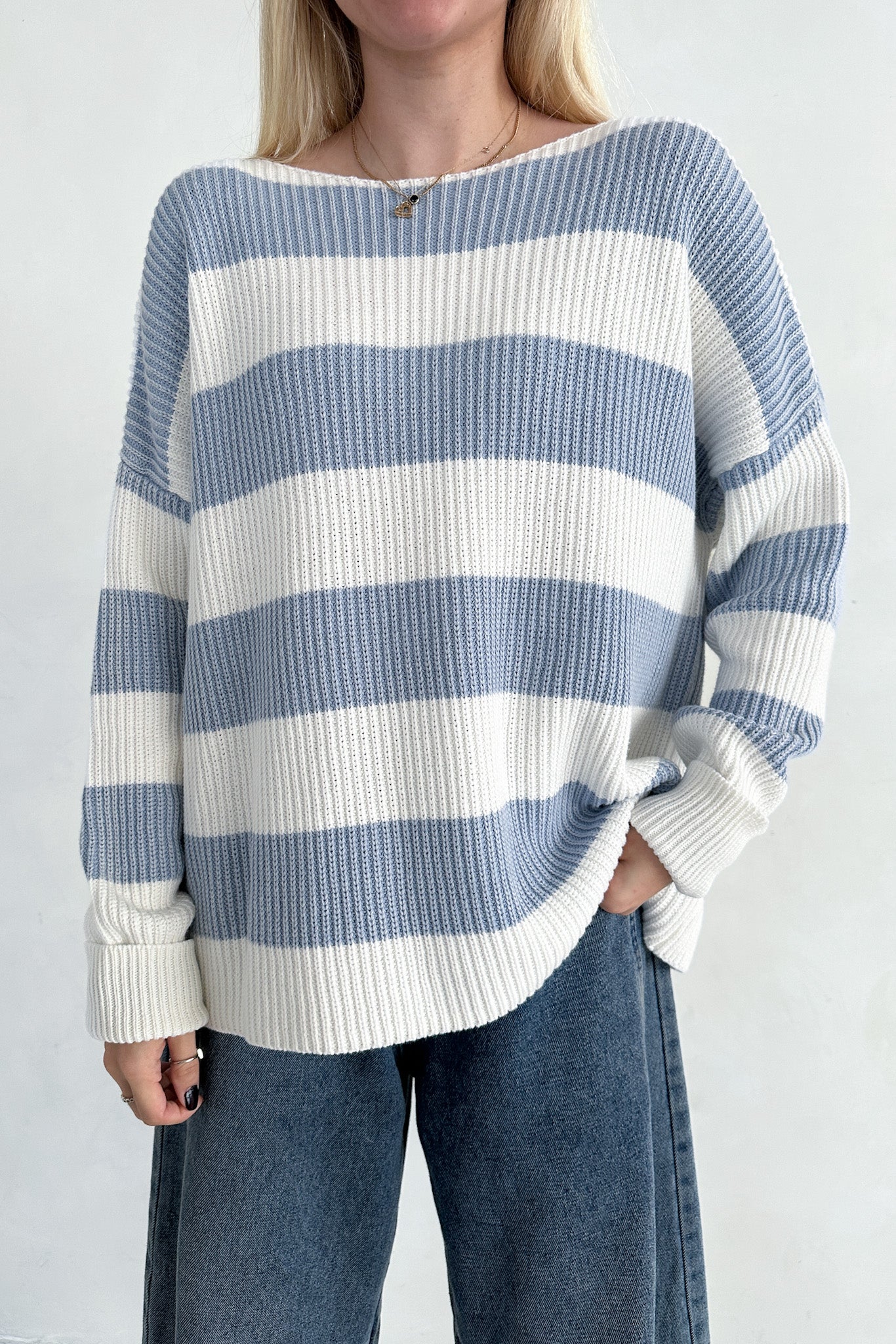 Priscilla Striped Cotton Boat Neck Sweater - Neutral Ground
