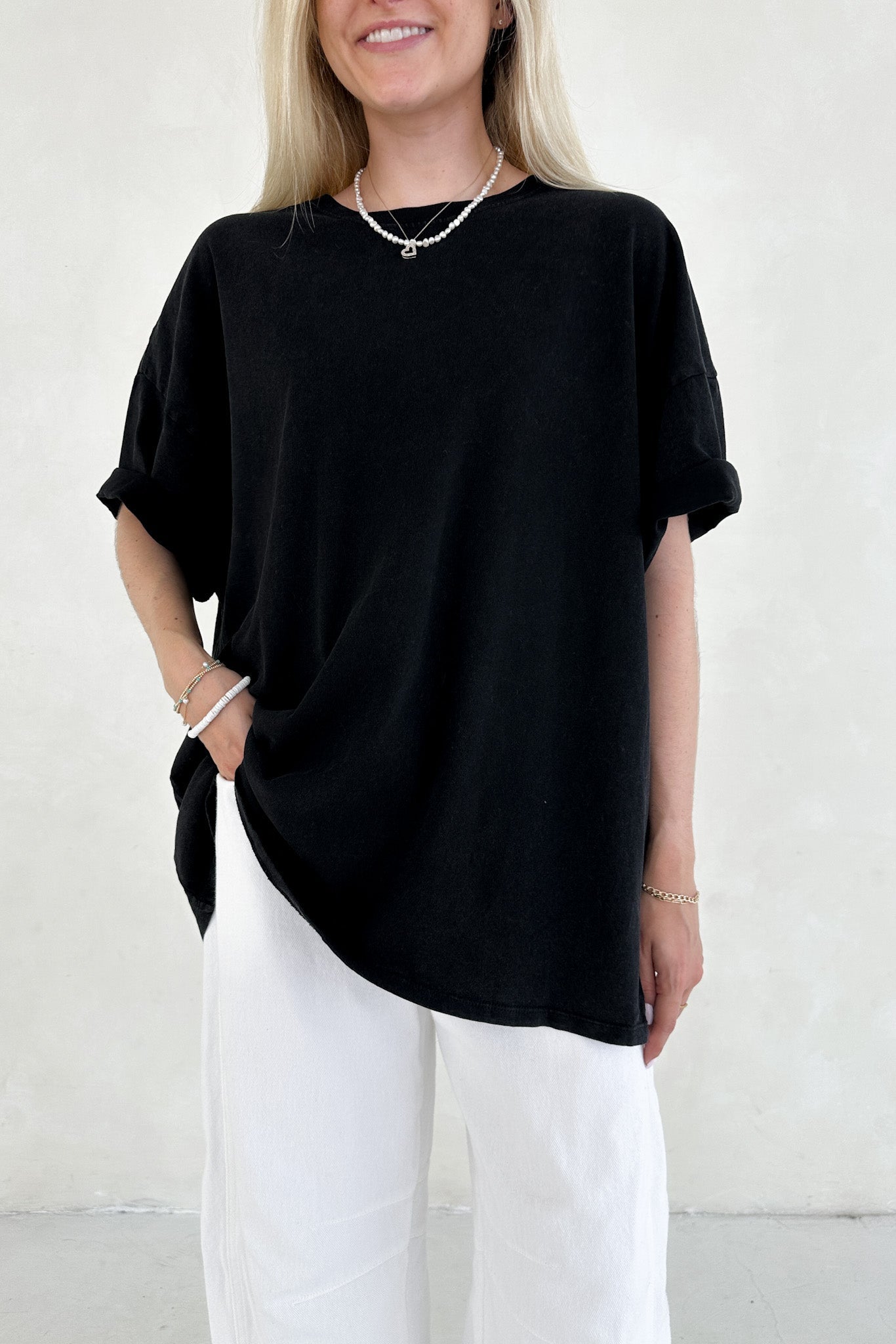 Quinn Cotton Mineral Wash Oversized Crew Neck Tee in Black - Neutral Ground