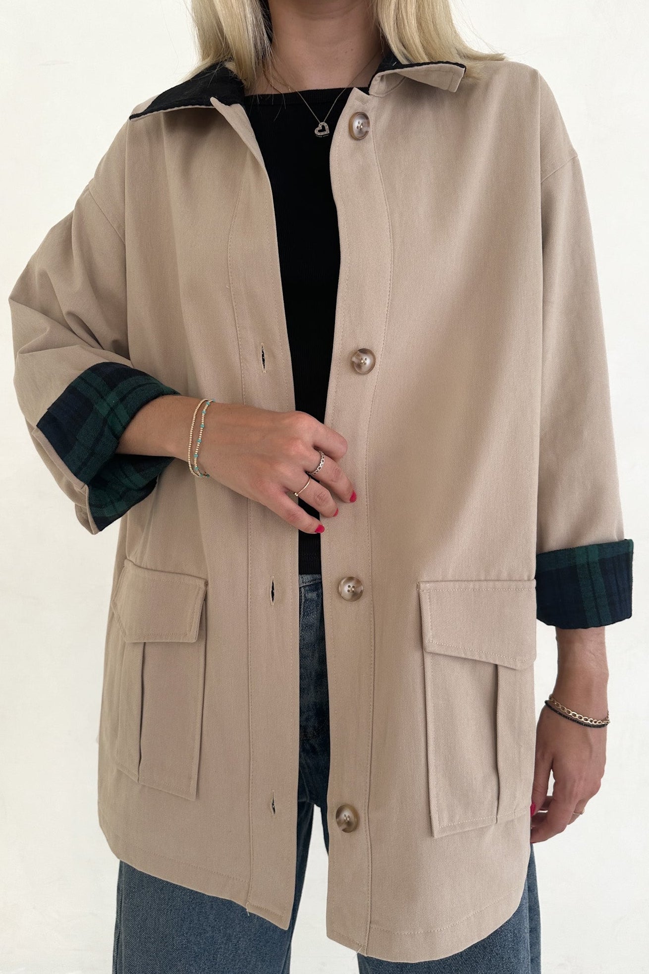 Ralfie Corduroy Collar Oversized Plaid Button Up Coat - Neutral Ground