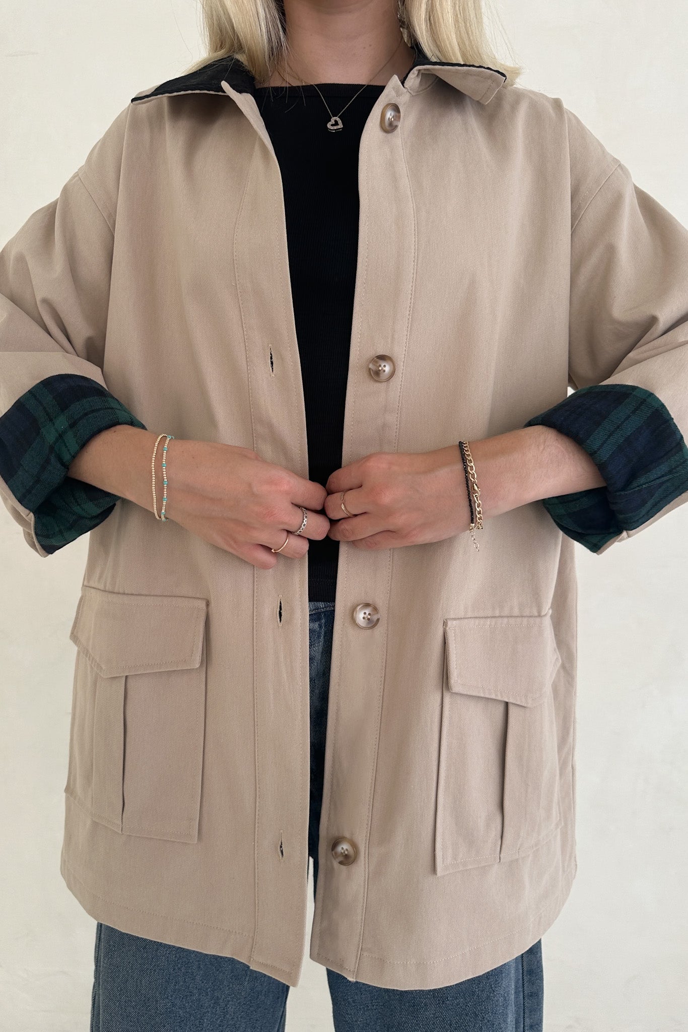Ralfie Corduroy Collar Oversized Plaid Button Up Coat - Neutral Ground