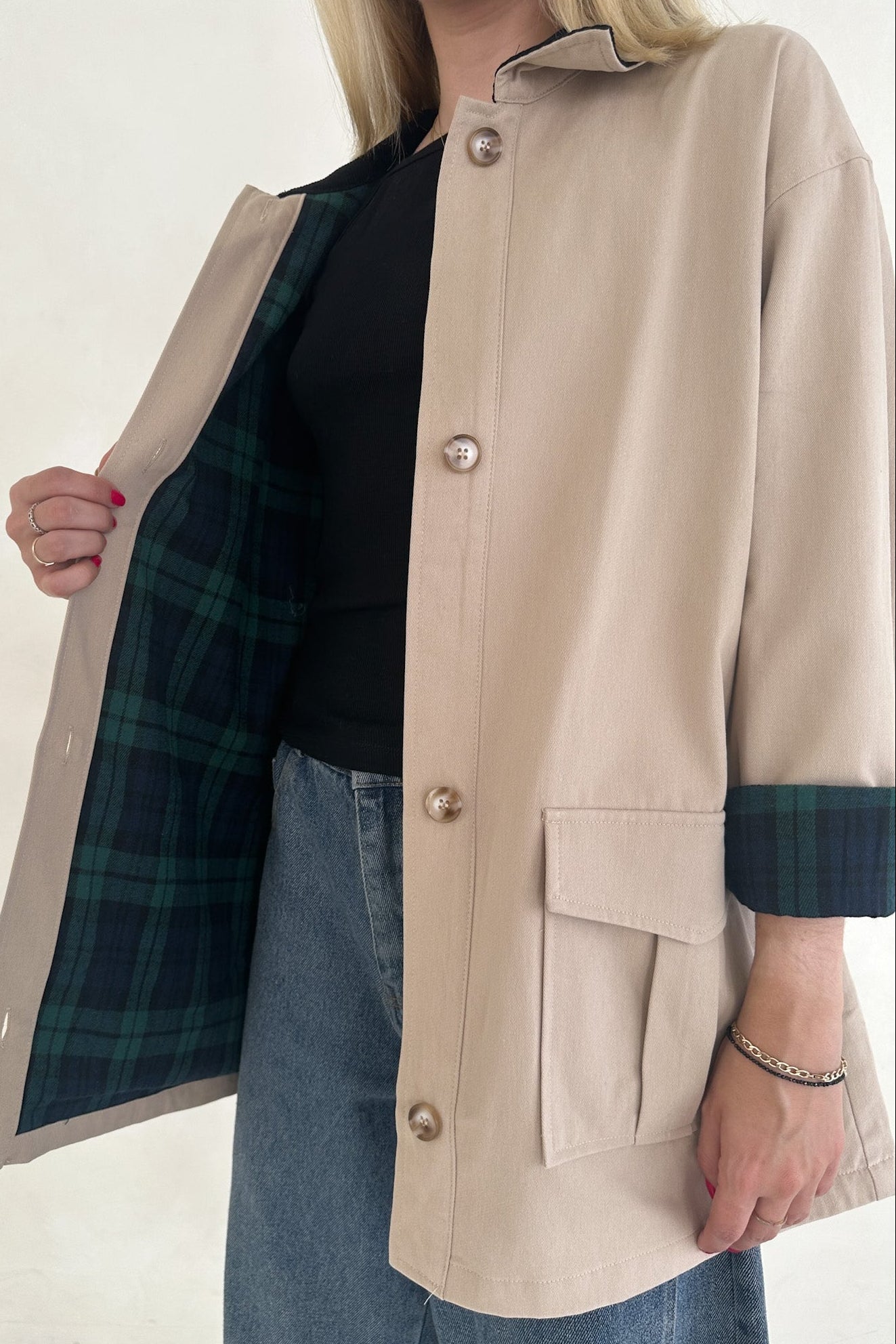 Ralfie Corduroy Collar Oversized Plaid Button Up Coat - Neutral Ground