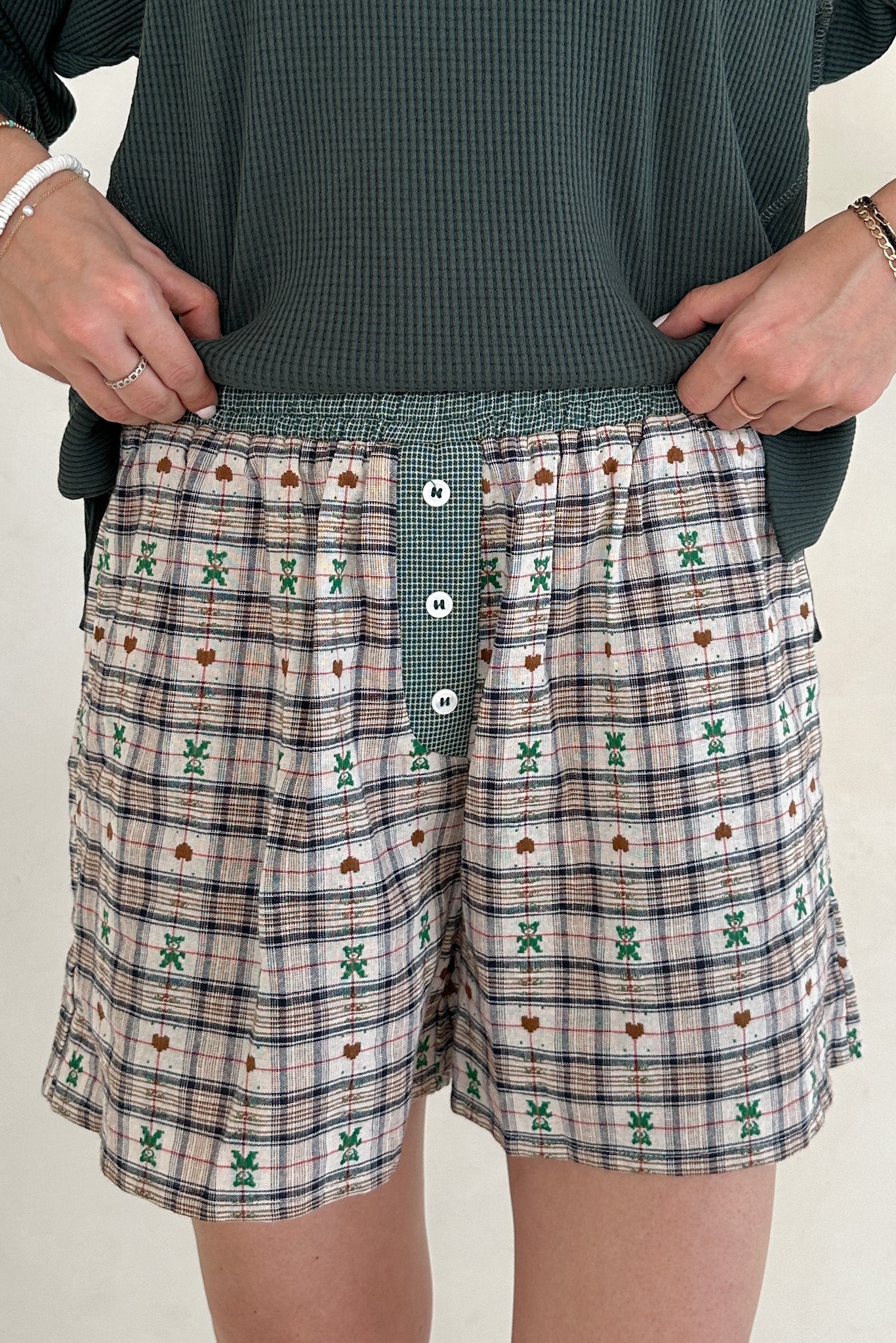 Ralphie Teddy Bear Plaid Boxer Shorts in Evergreen - Neutral Ground