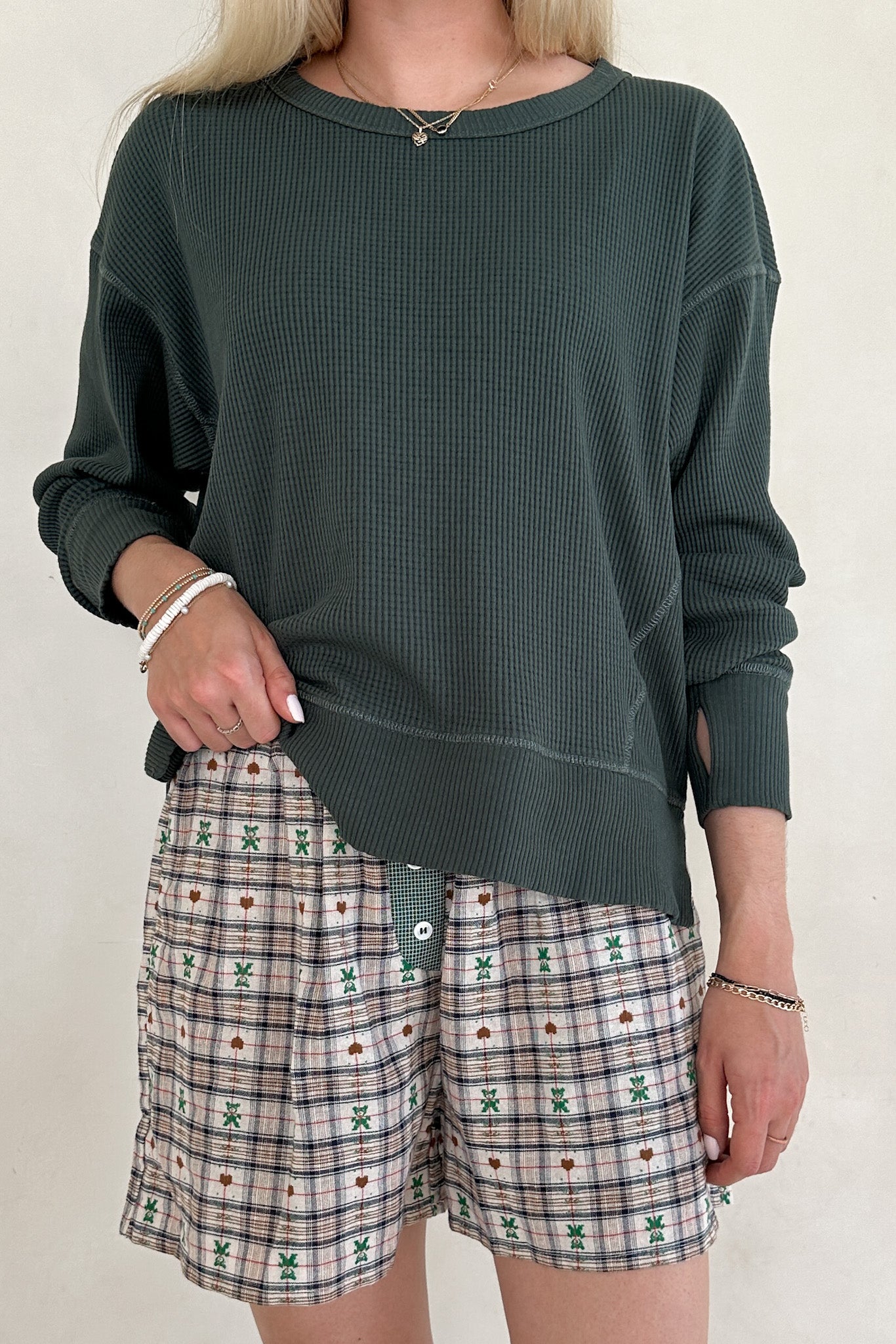 Ralphie Teddy Bear Plaid Boxer Shorts in Evergreen - Neutral Ground