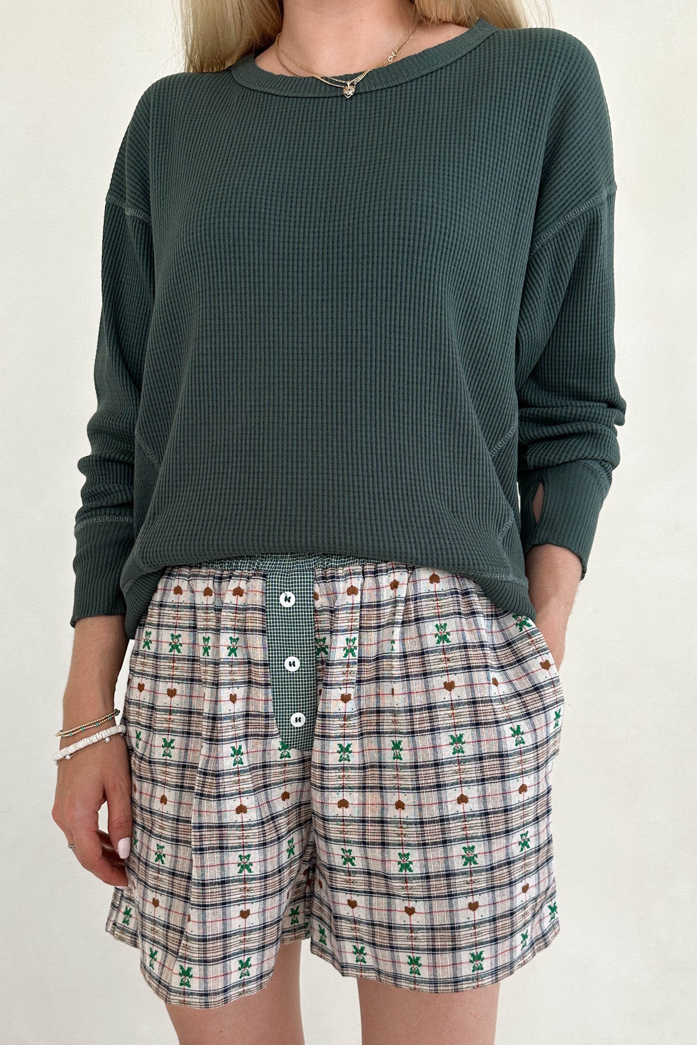 Ralphie Teddy Bear Plaid Boxer Shorts in Evergreen - Neutral Ground