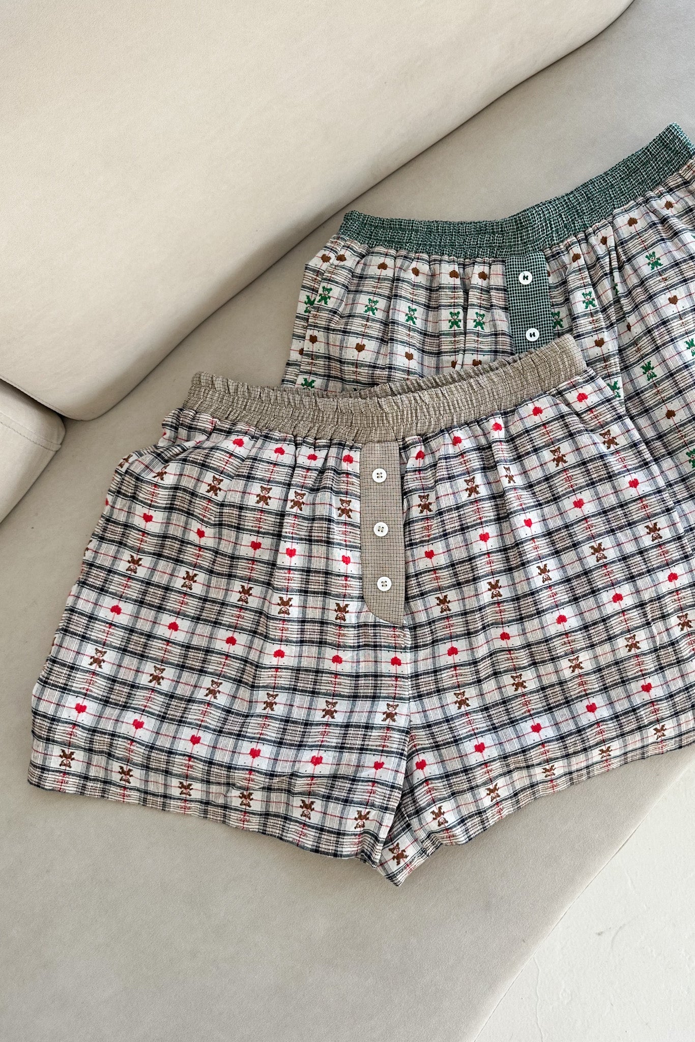 Ralphie Teddy Bear Plaid Boxer Shorts in Taupe - Neutral Ground