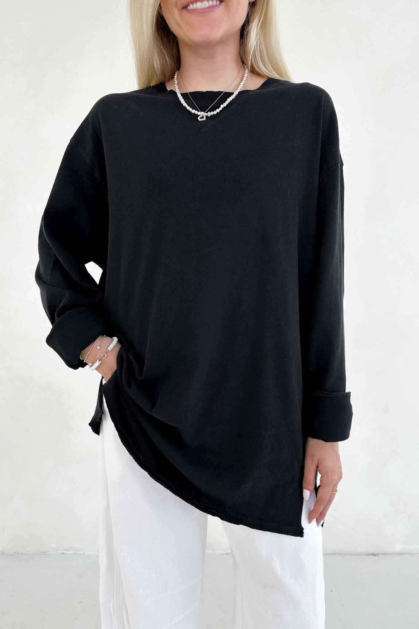 Riley Cotton Mineral Wash Long Sleeve Tee in Black - Neutral Ground