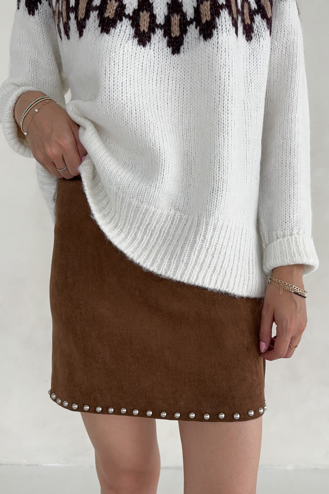 Sabrina Stud Detail Suede Mini Skirt - Neutral Ground