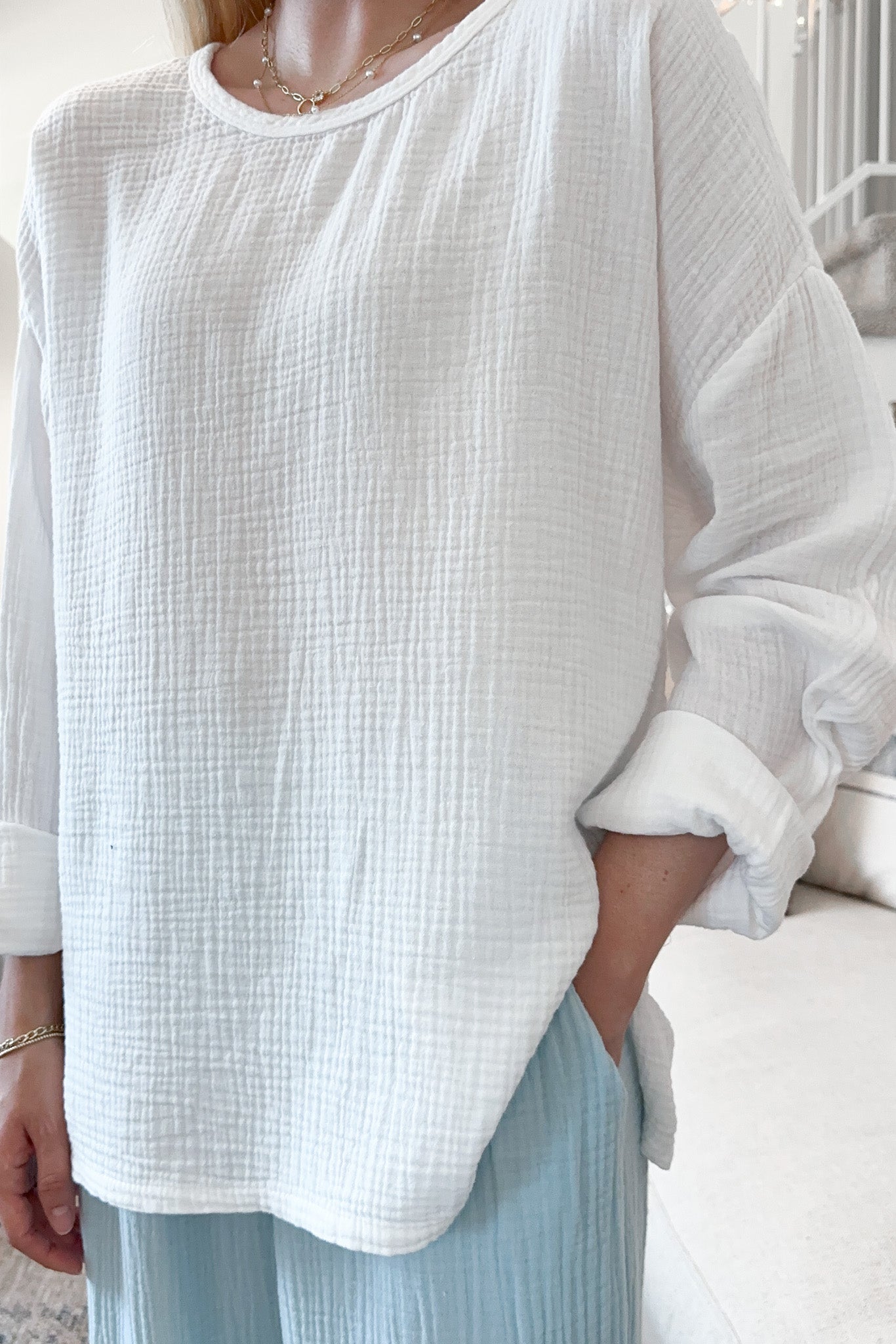 Saturdays Long Sleeve Cotton Blouse in Coconut - Neutral Ground