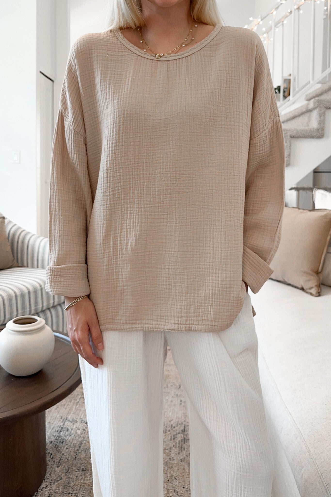 Saturdays Long Sleeve Cotton Blouse in Sand - Neutral Ground