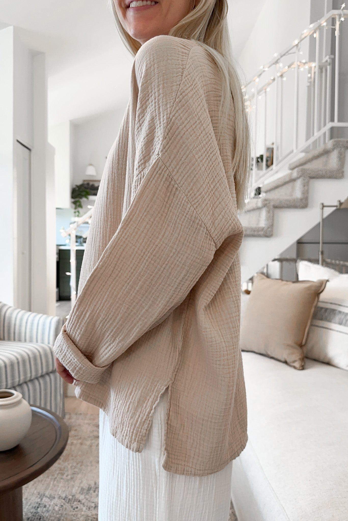 Saturdays Long Sleeve Cotton Blouse in Sand - Neutral Ground