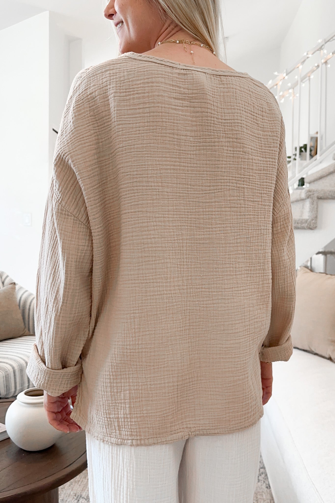 Saturdays Long Sleeve Cotton Blouse in Sand - Neutral Ground