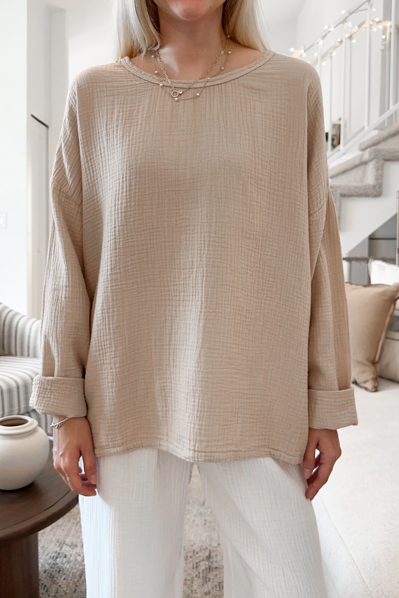 Saturdays Long Sleeve Cotton Blouse in Sand - Neutral Ground