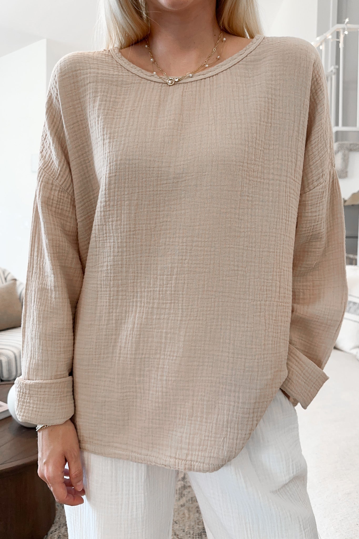 Saturdays Long Sleeve Cotton Blouse in Sand - Neutral Ground
