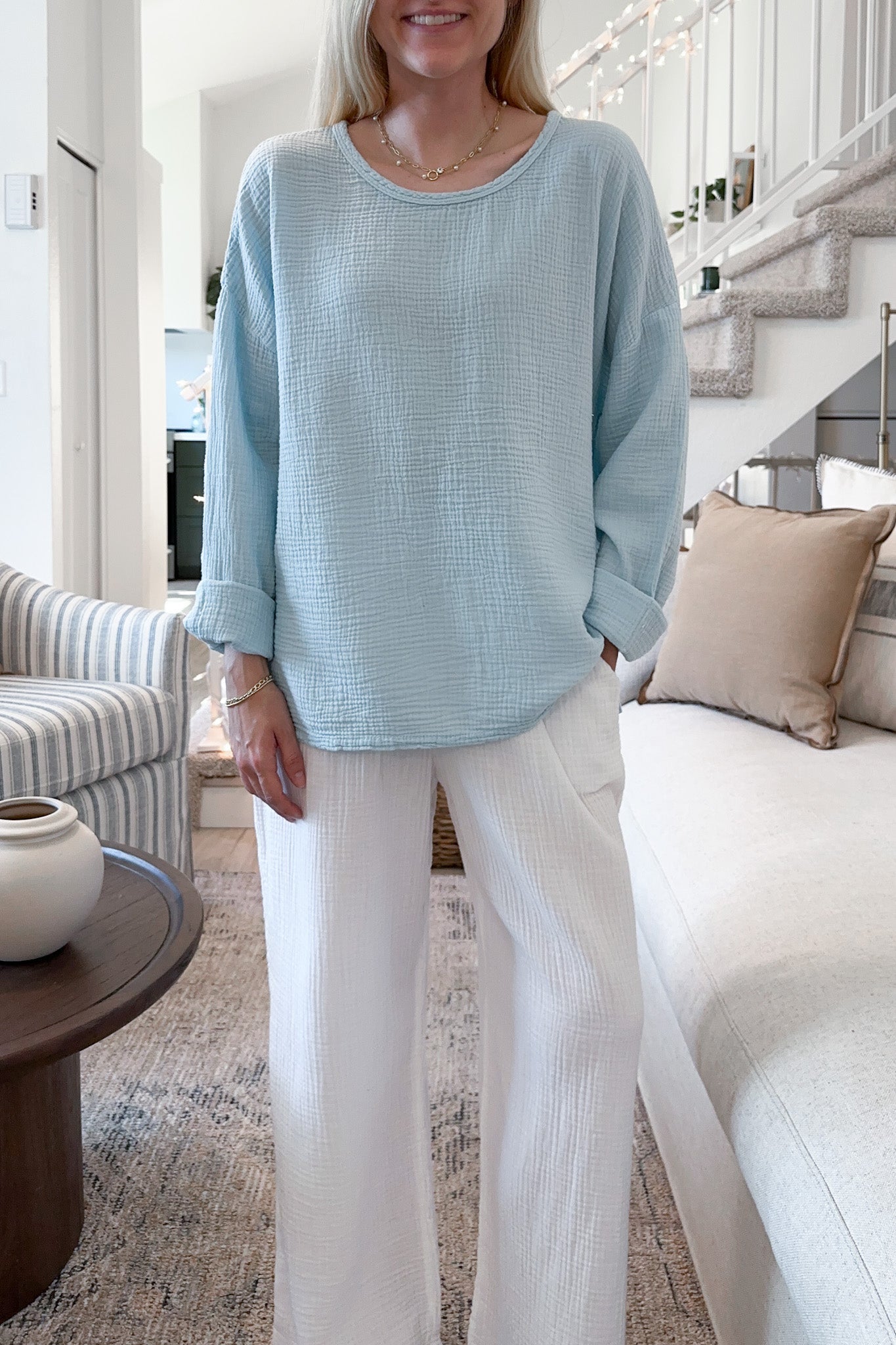 Saturdays Long Sleeve Cotton Blouse in Surf Blue - Neutral Ground