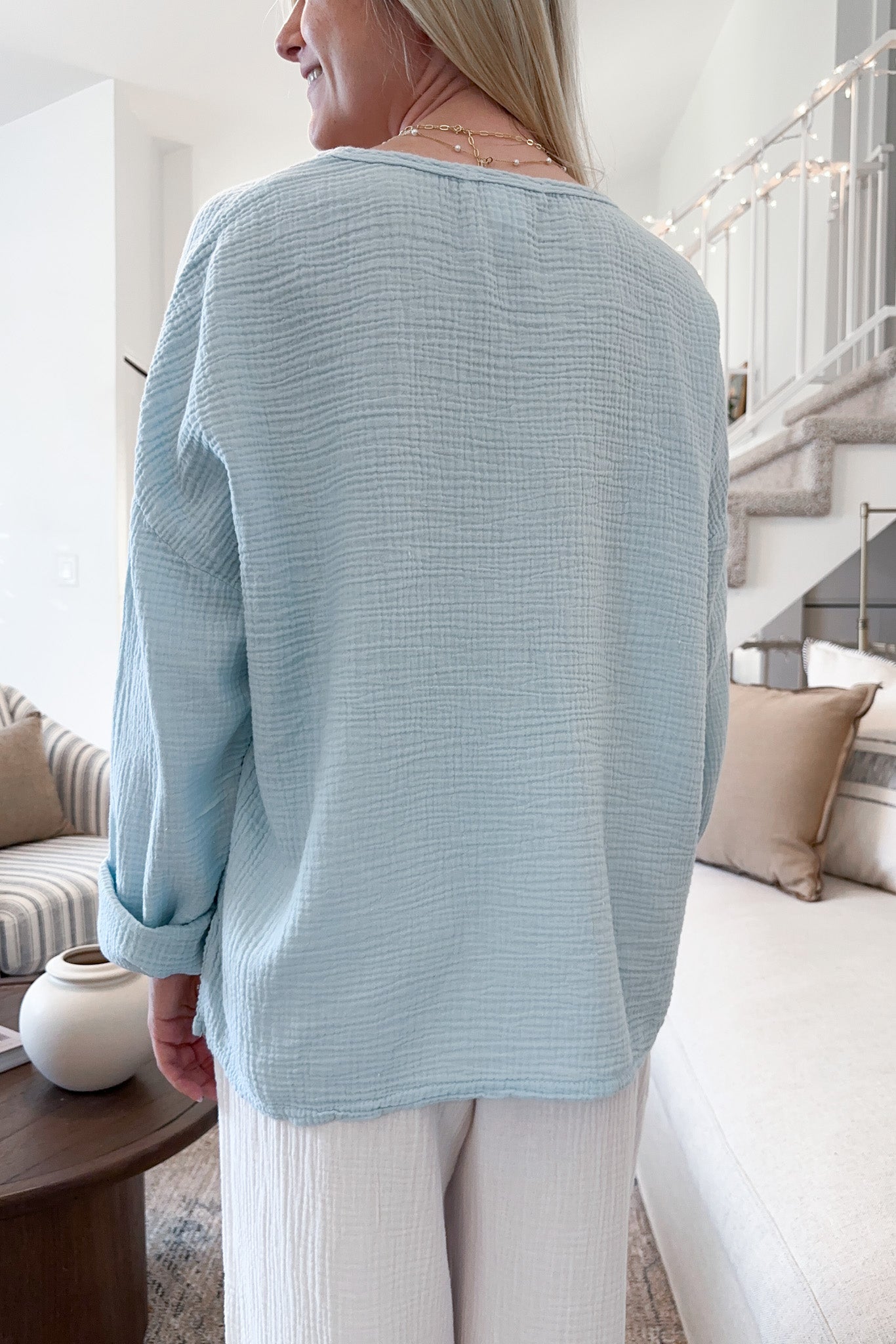 Saturdays Long Sleeve Cotton Blouse in Surf Blue - Neutral Ground