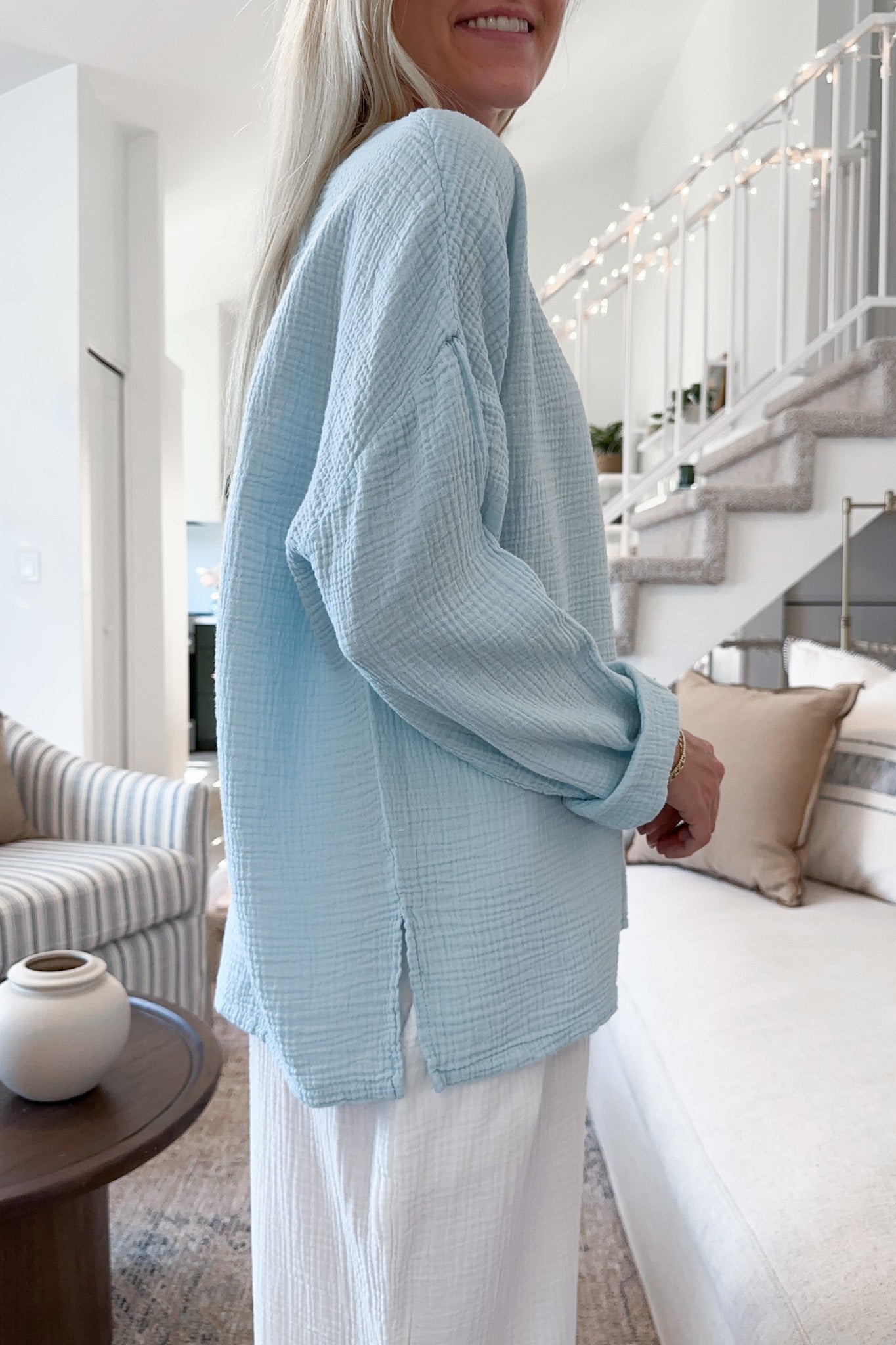 Saturdays Long Sleeve Cotton Blouse in Surf Blue - Neutral Ground