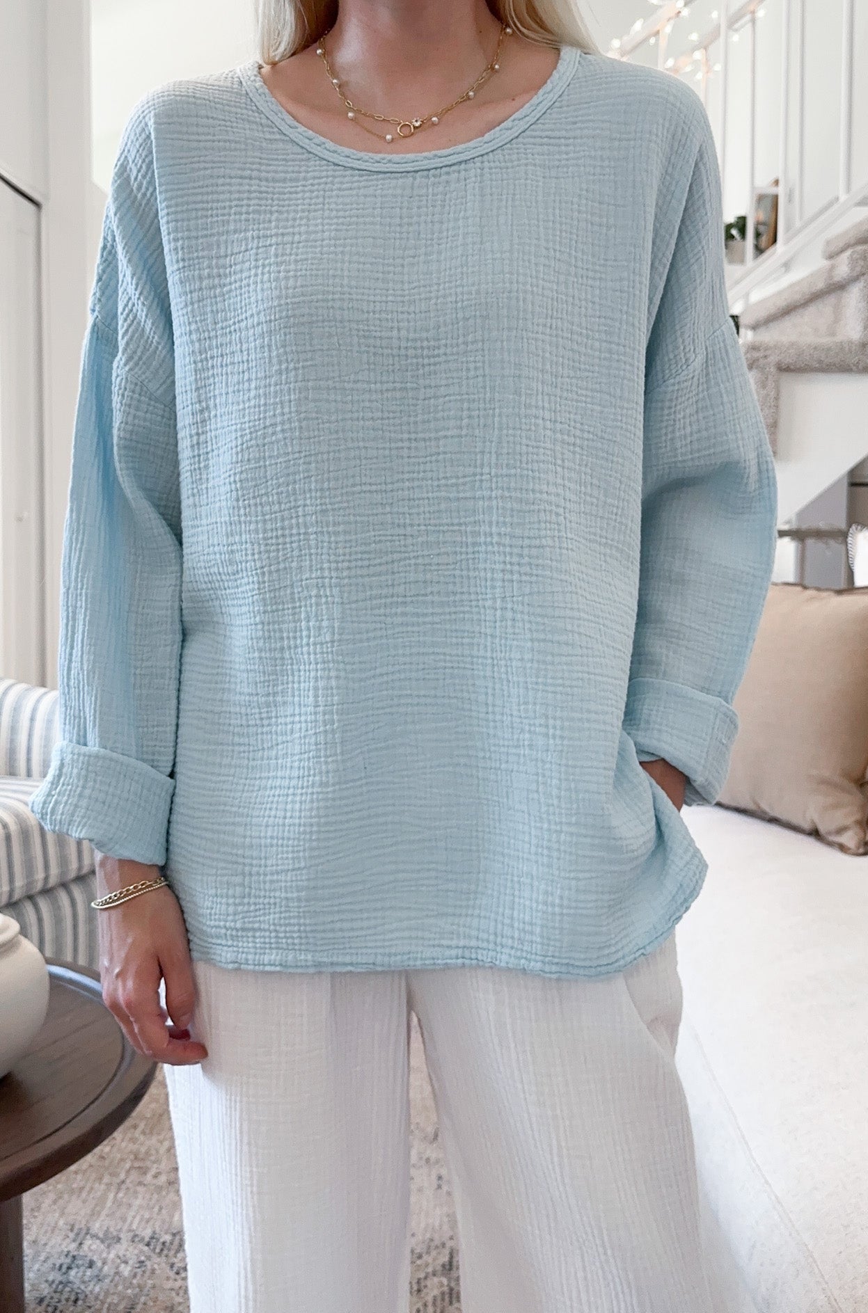Saturdays Long Sleeve Cotton Blouse in Surf Blue - Neutral Ground