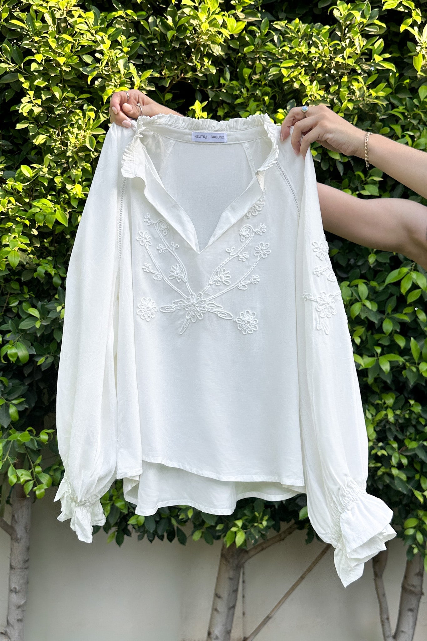 Savannah V Neck Flowy Embroidered Blouse - Neutral Ground