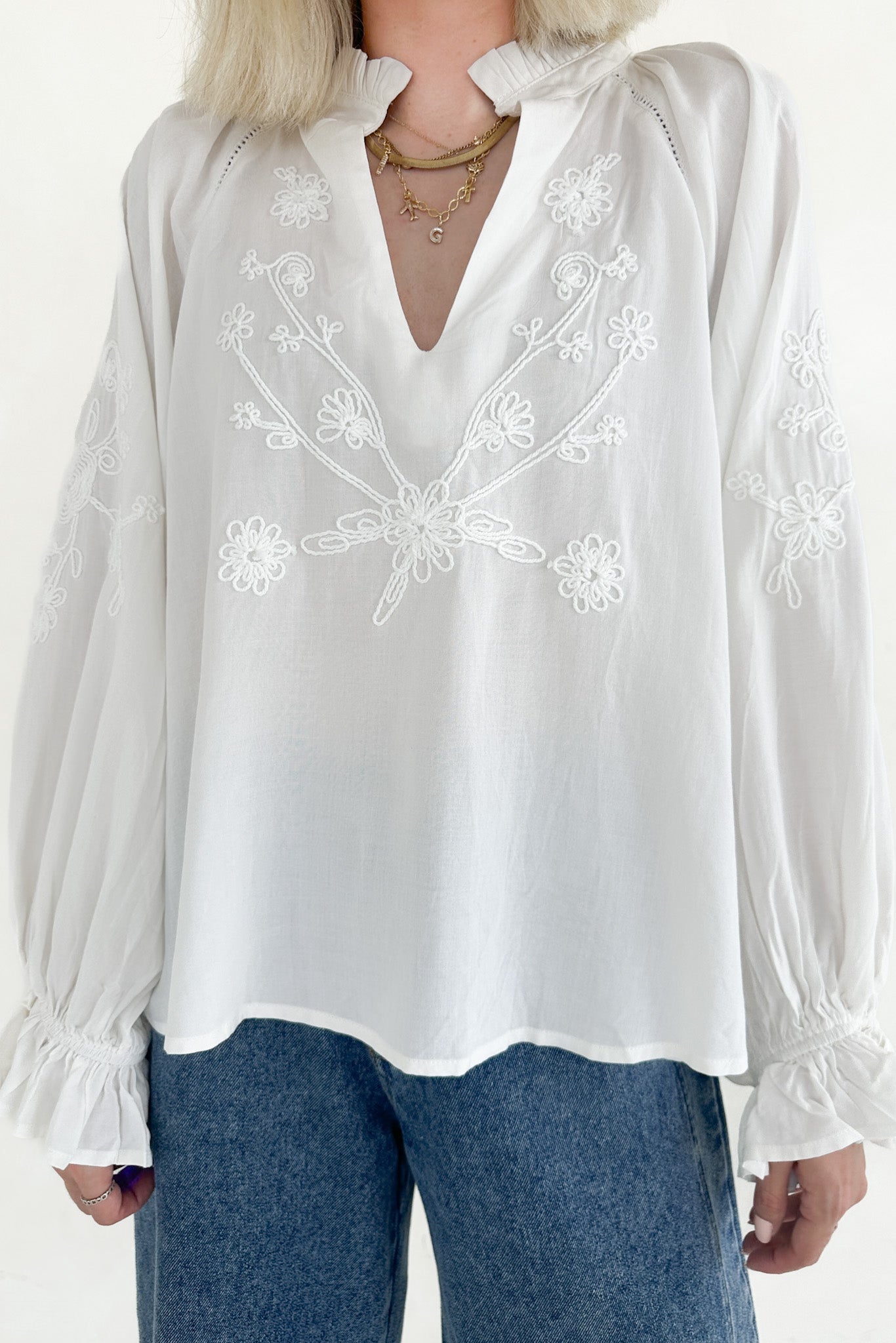 Savannah V Neck Flowy Embroidered Blouse - Neutral Ground