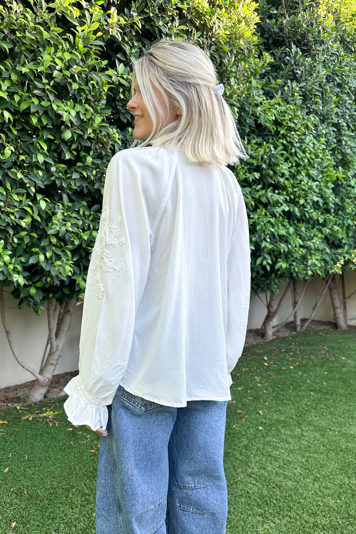 Savannah V Neck Flowy Embroidered Blouse - Neutral Ground