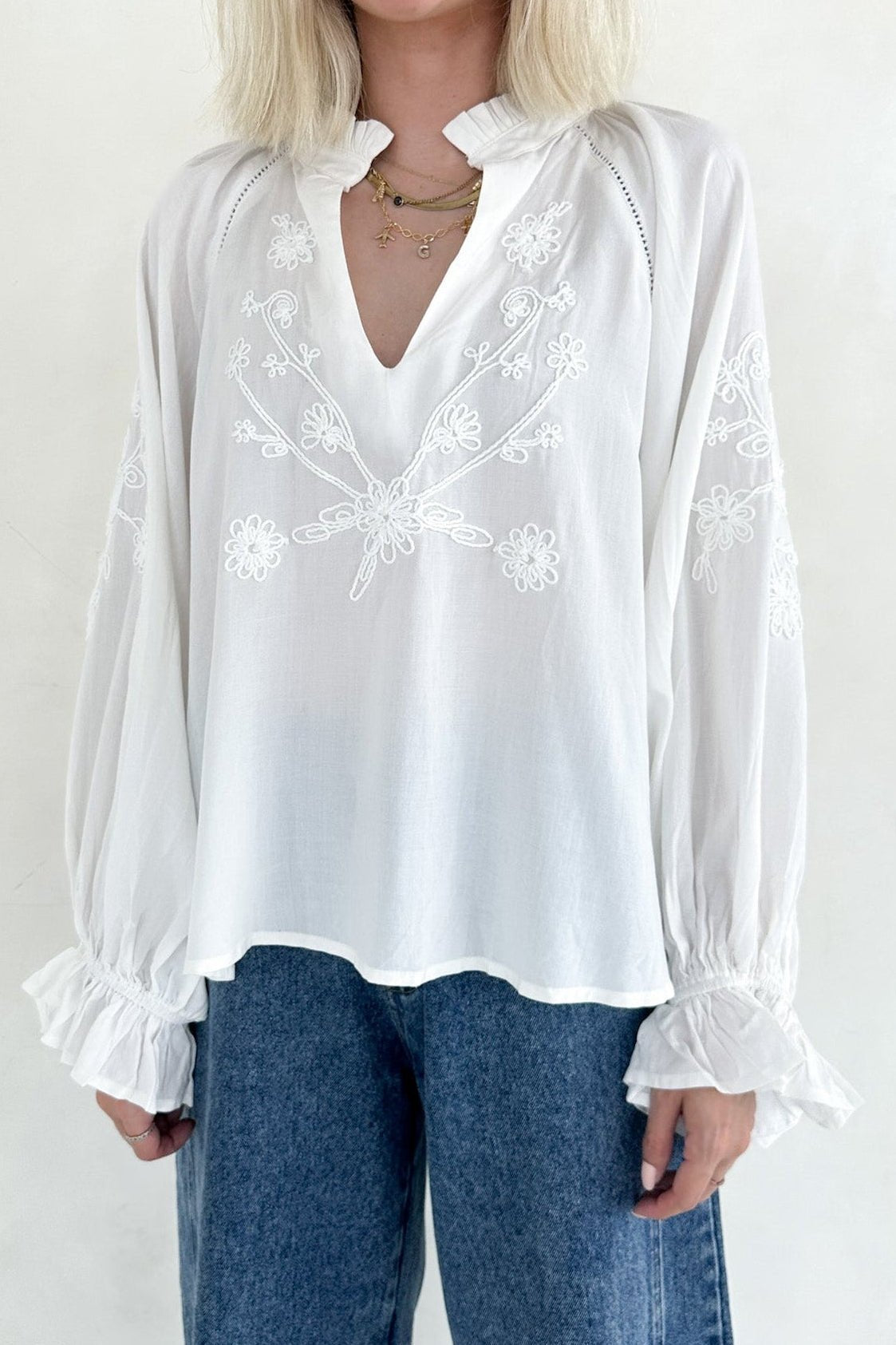 Savannah V Neck Flowy Embroidered Blouse - Neutral Ground