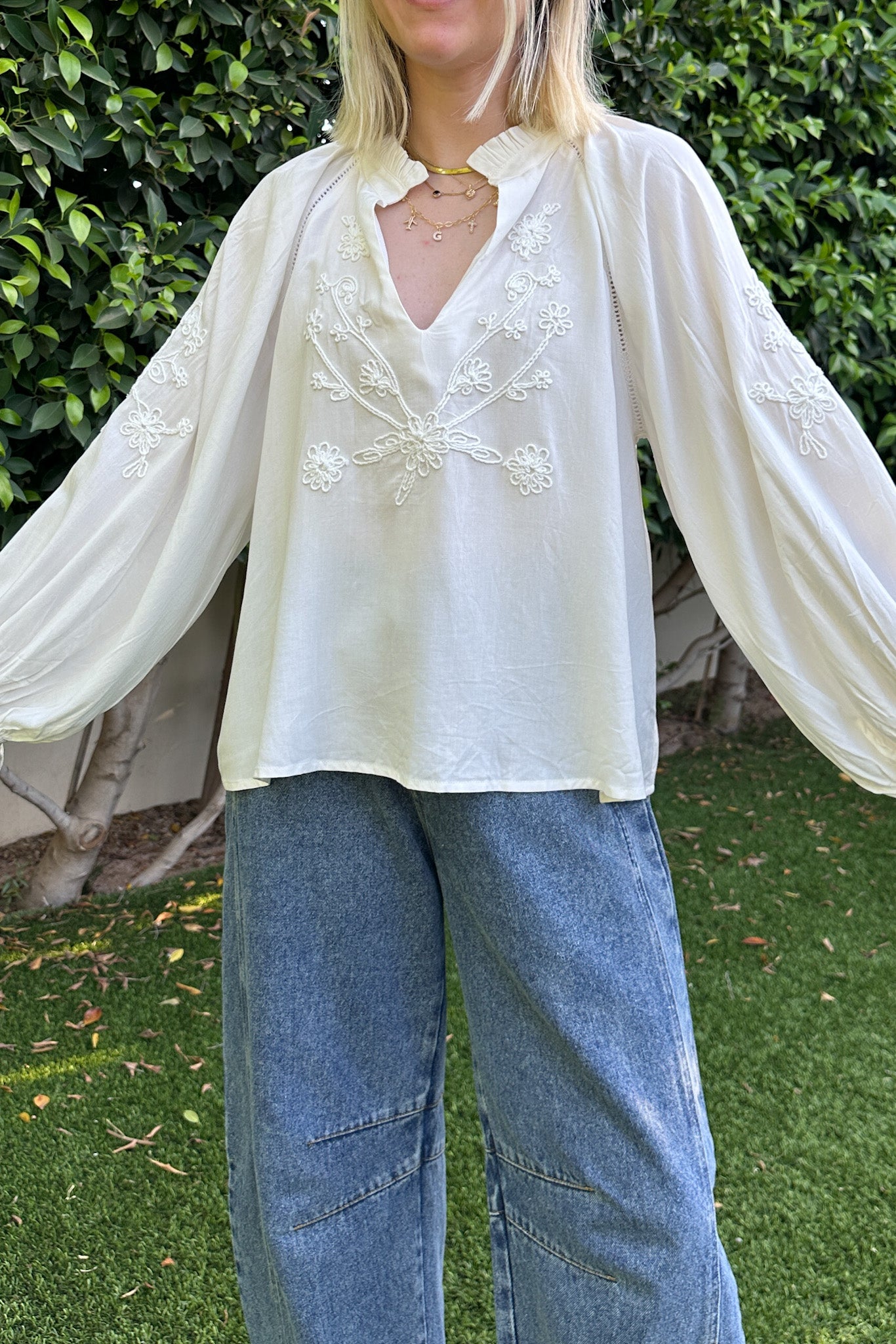 Savannah V Neck Flowy Embroidered Blouse - Neutral Ground