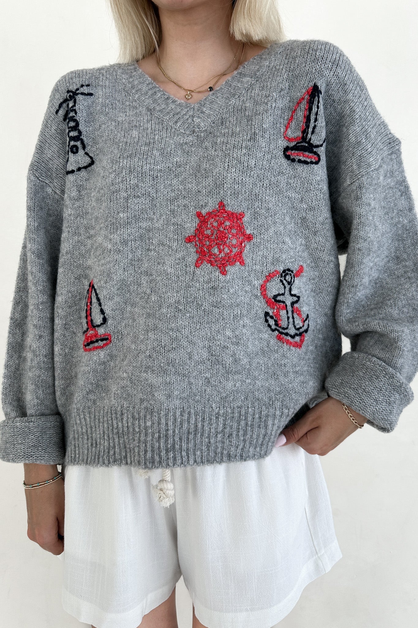 Sea You Soon Lightweight Stitched V - Neck Sweater - Neutral Ground