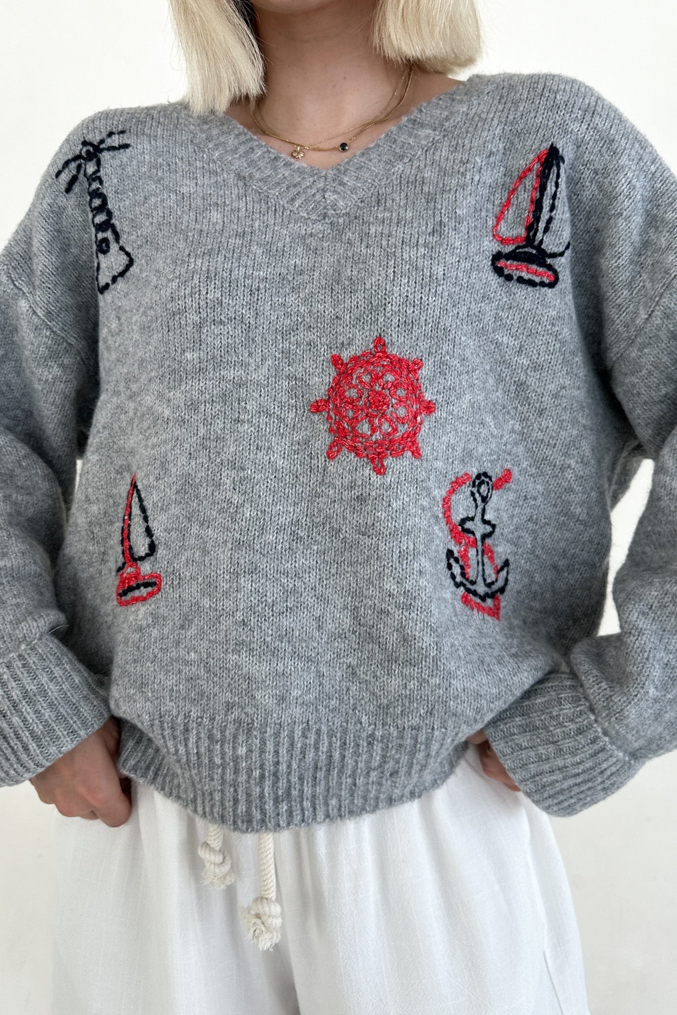 Sea You Soon Lightweight Stitched V - Neck Sweater - Neutral Ground