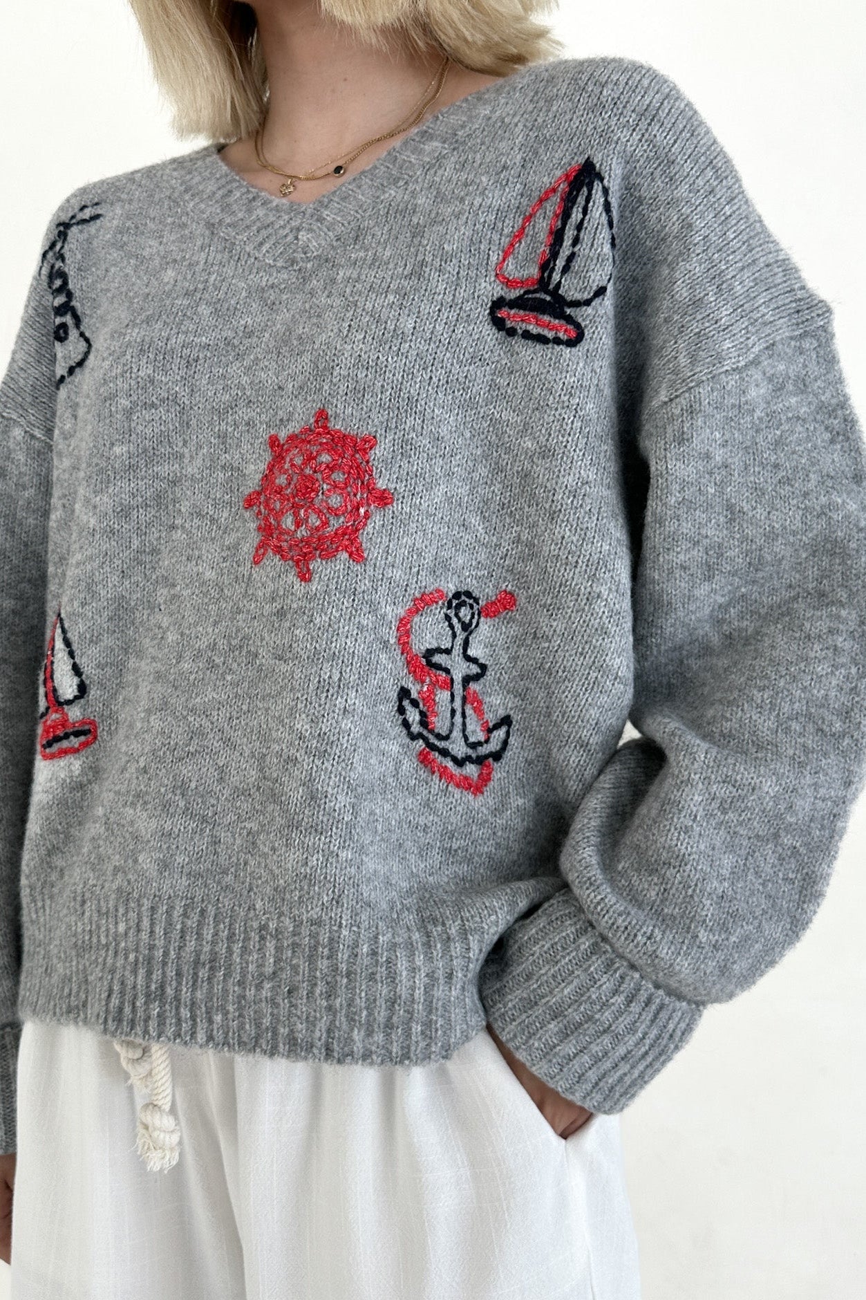 Sea You Soon Lightweight Stitched V - Neck Sweater - Neutral Ground