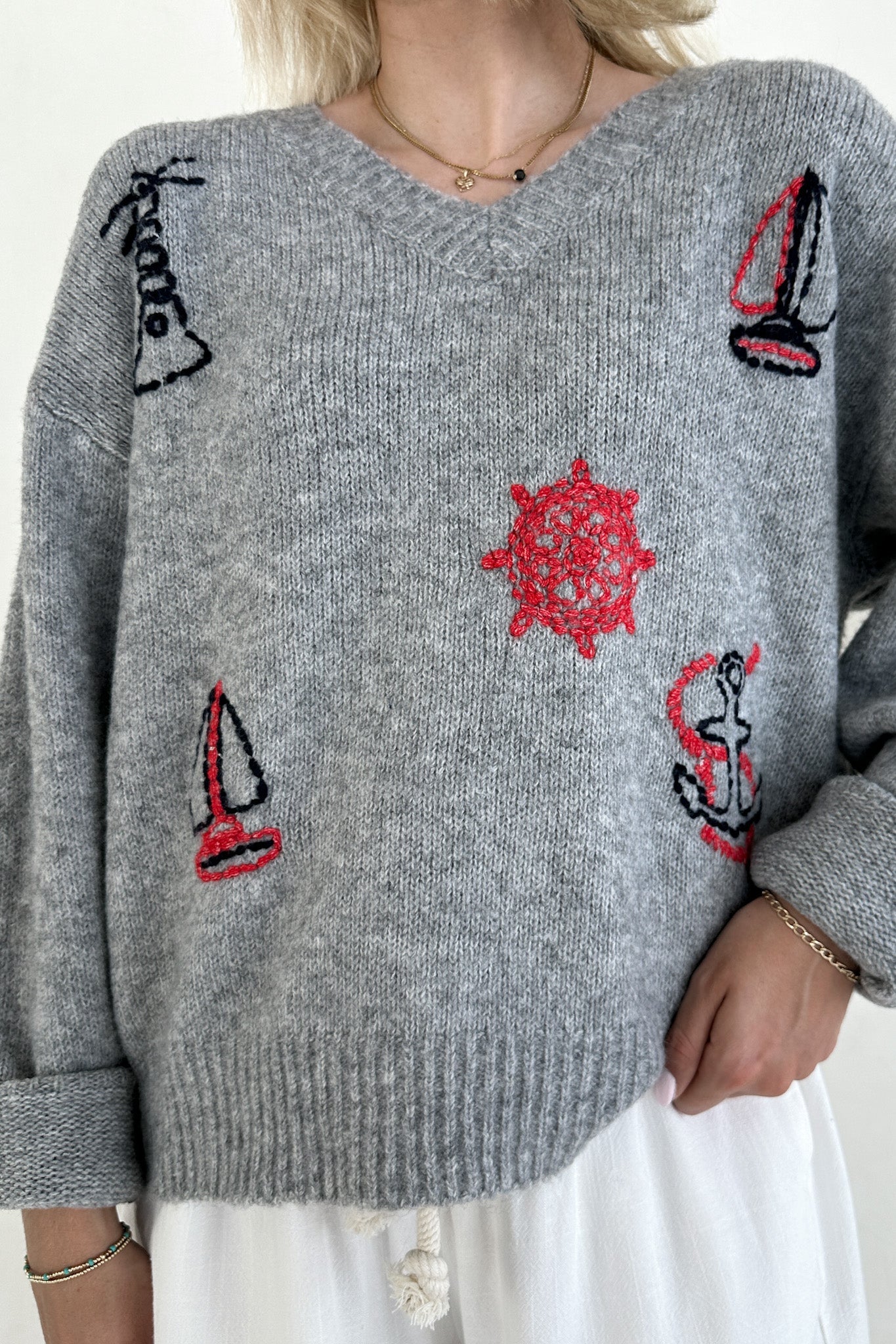 Sea You Soon Lightweight Stitched V - Neck Sweater - Neutral Ground