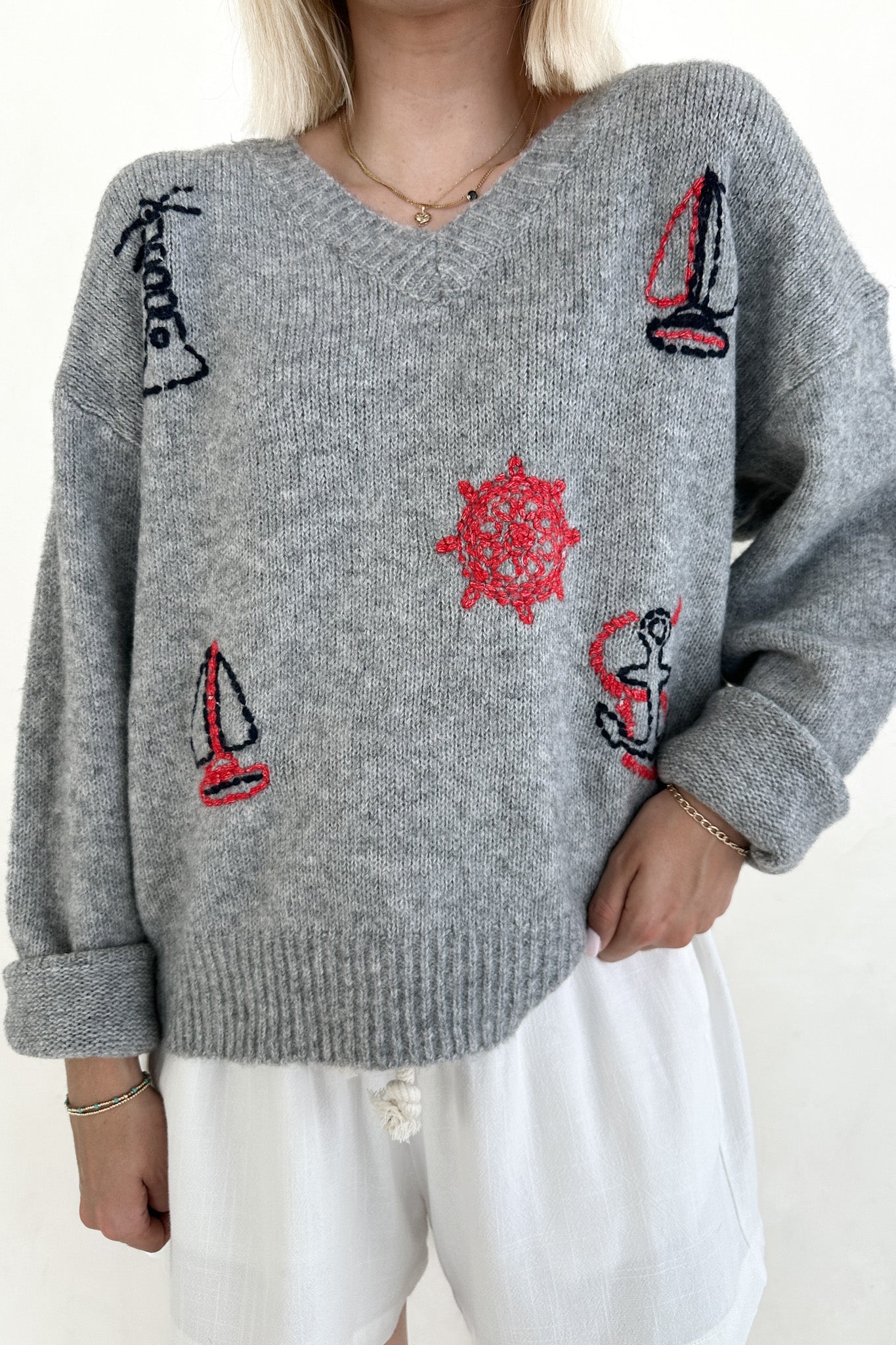 Sea You Soon Lightweight Stitched V - Neck Sweater - Neutral Ground