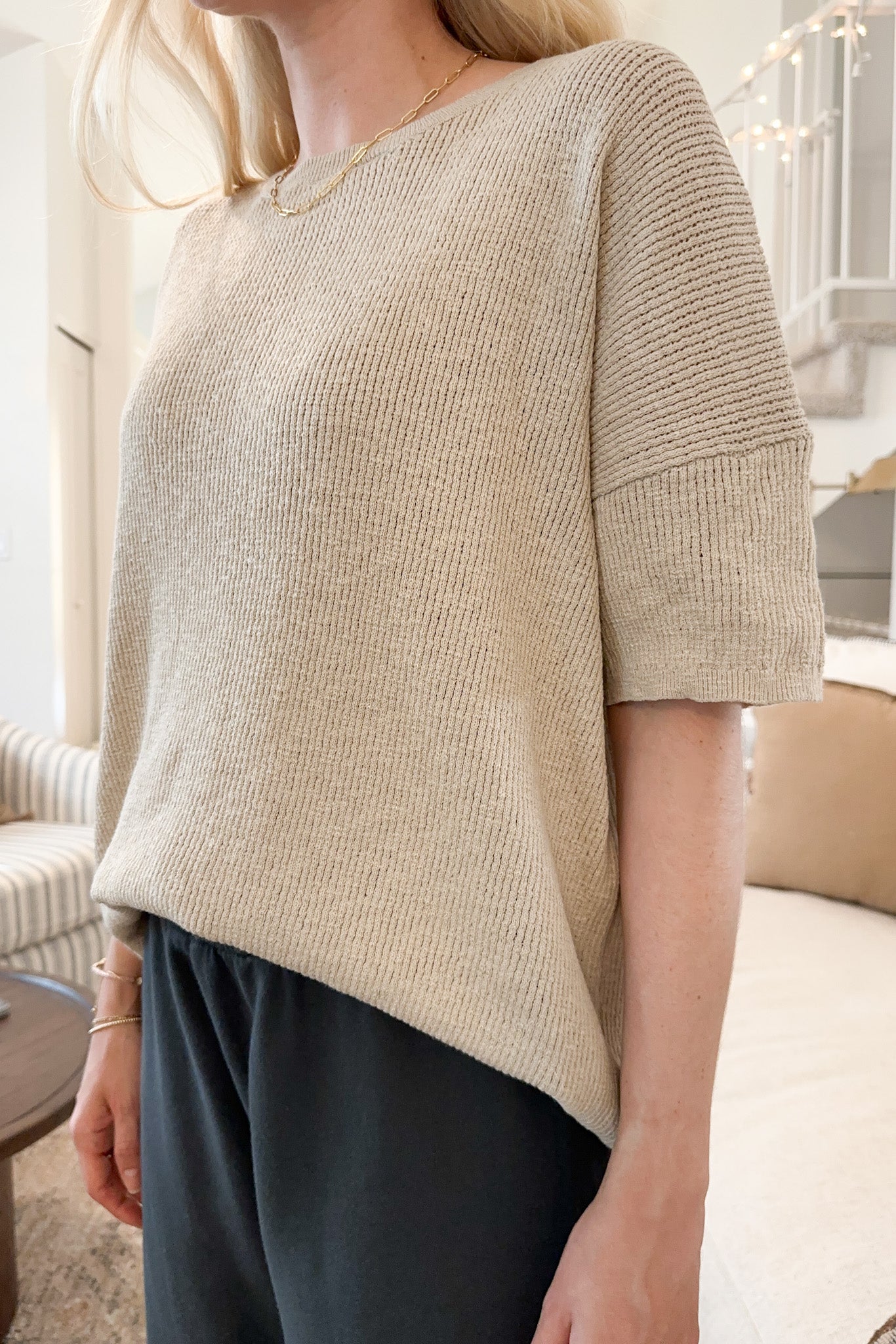 Sierra Short Sleeve Ribbed Knit Top - Neutral Ground