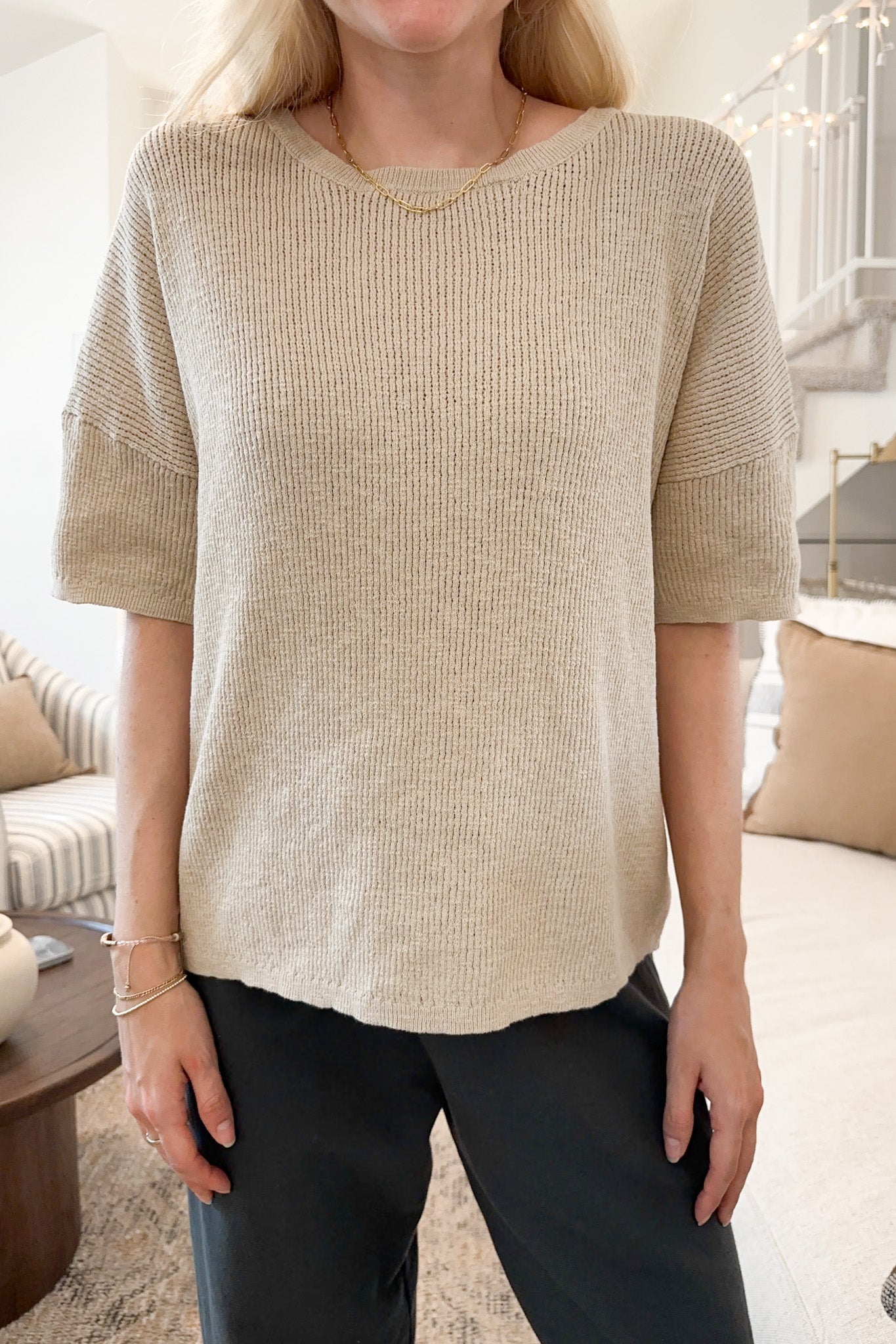 Sierra Short Sleeve Ribbed Knit Top - Neutral Ground