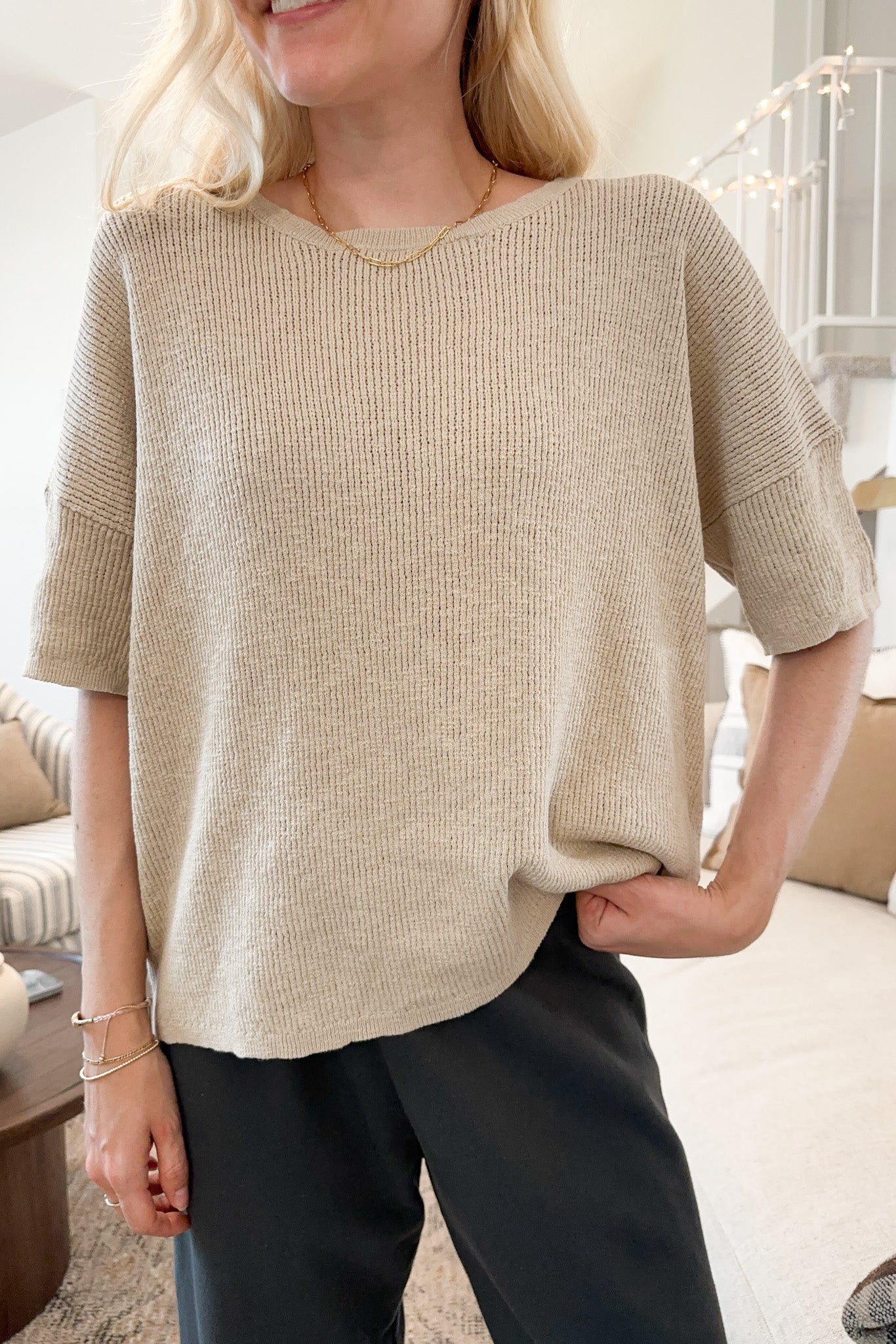 Sierra Short Sleeve Ribbed Knit Top - Neutral Ground