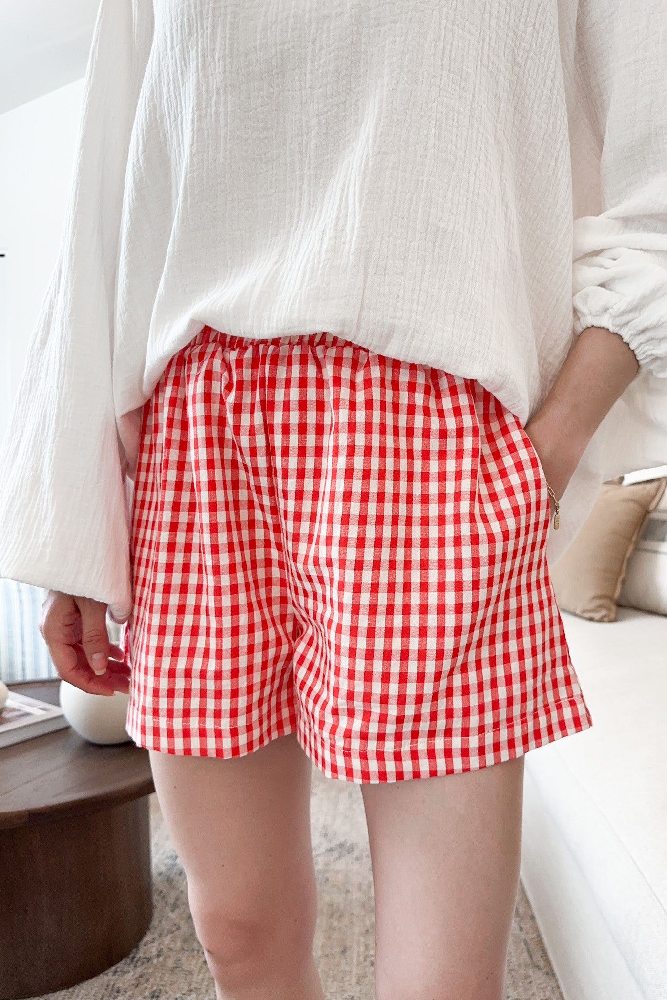 Sky Gingham Shorts in Red - Neutral Ground