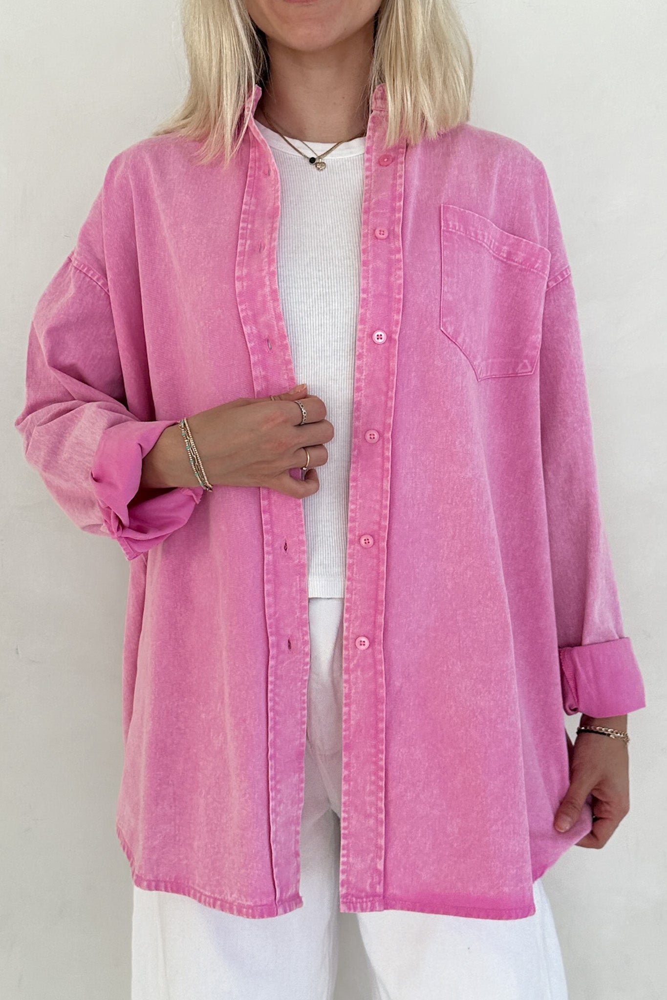 Sloan Pigment Washed Oversized Denim Shirt in Pink - Neutral Ground