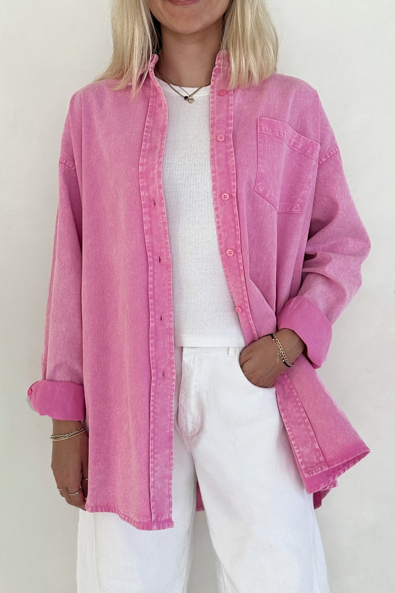 Sloan Pigment Washed Oversized Denim Shirt in Pink - Neutral Ground