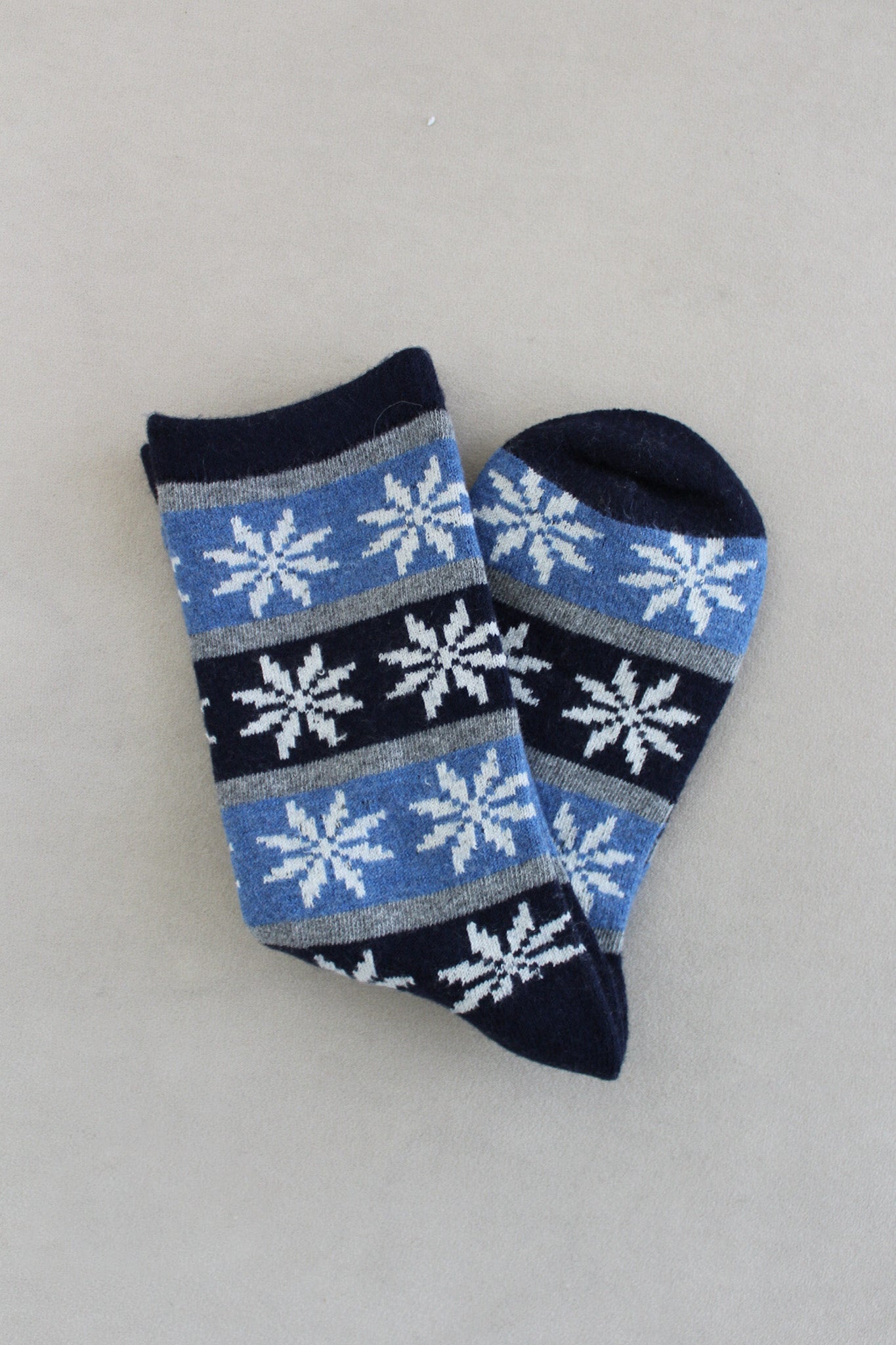 Snowflake Faire Isle Cashmere Blend Crew Socks in Navy - Neutral Ground