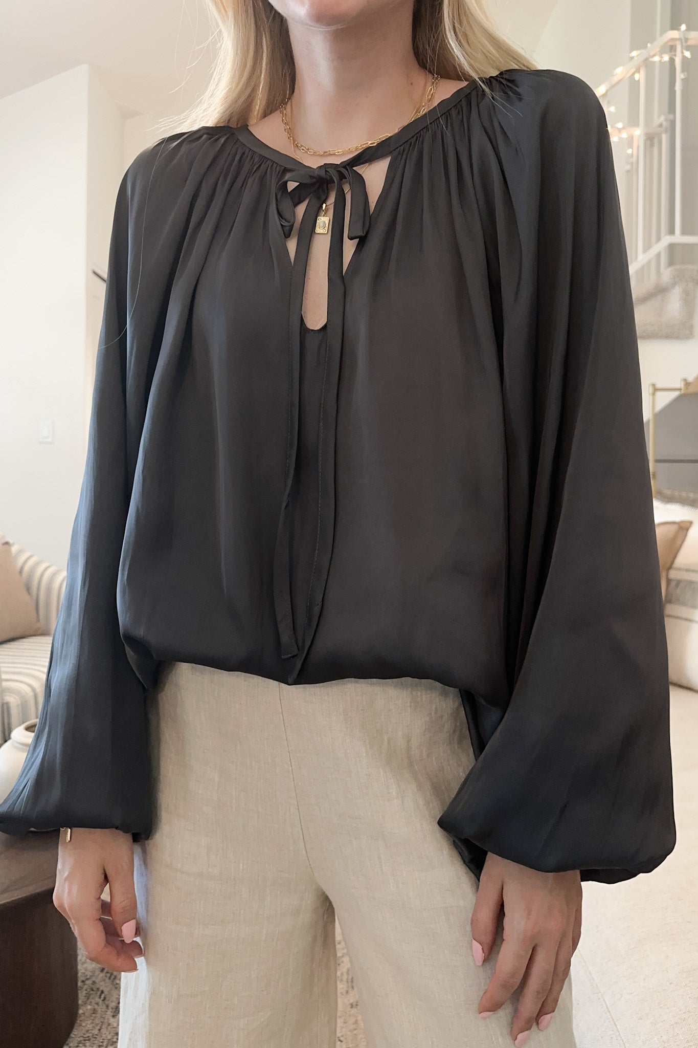 St. Maritz Satin Blouse in Charcoal - Neutral Ground