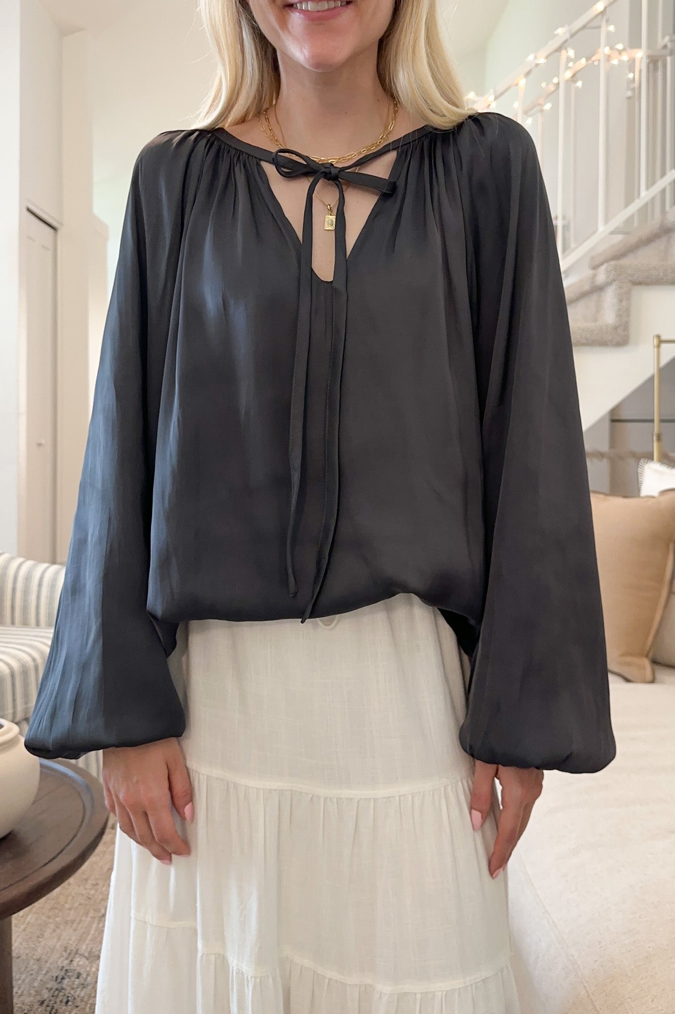 St. Maritz Satin Blouse in Charcoal - Neutral Ground