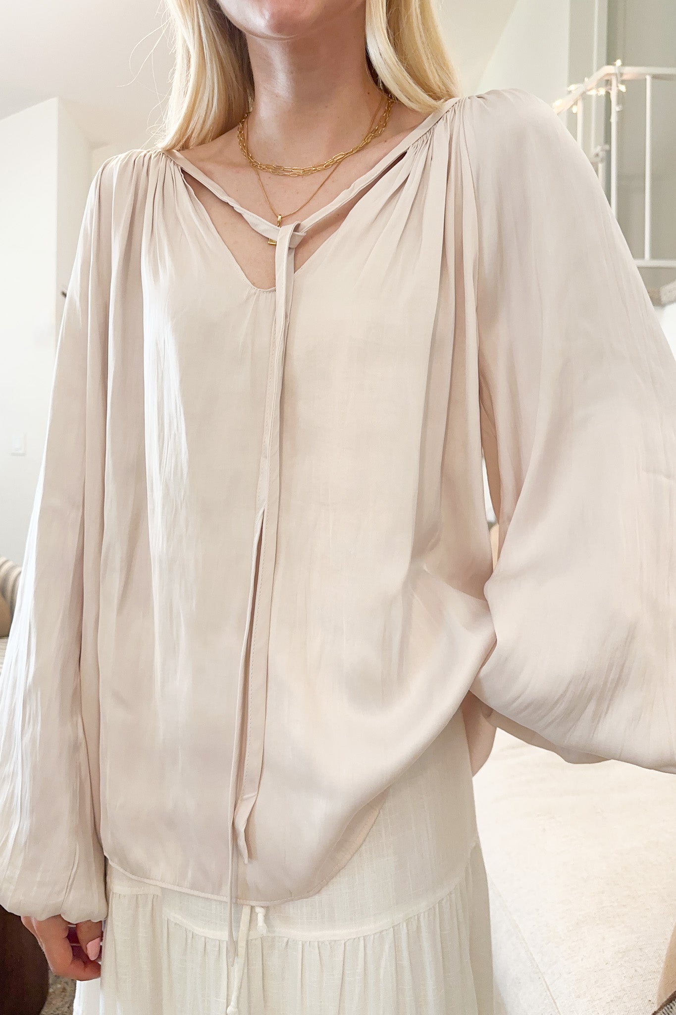 St. Maritz Satin Blouse in Pearl - Neutral Ground