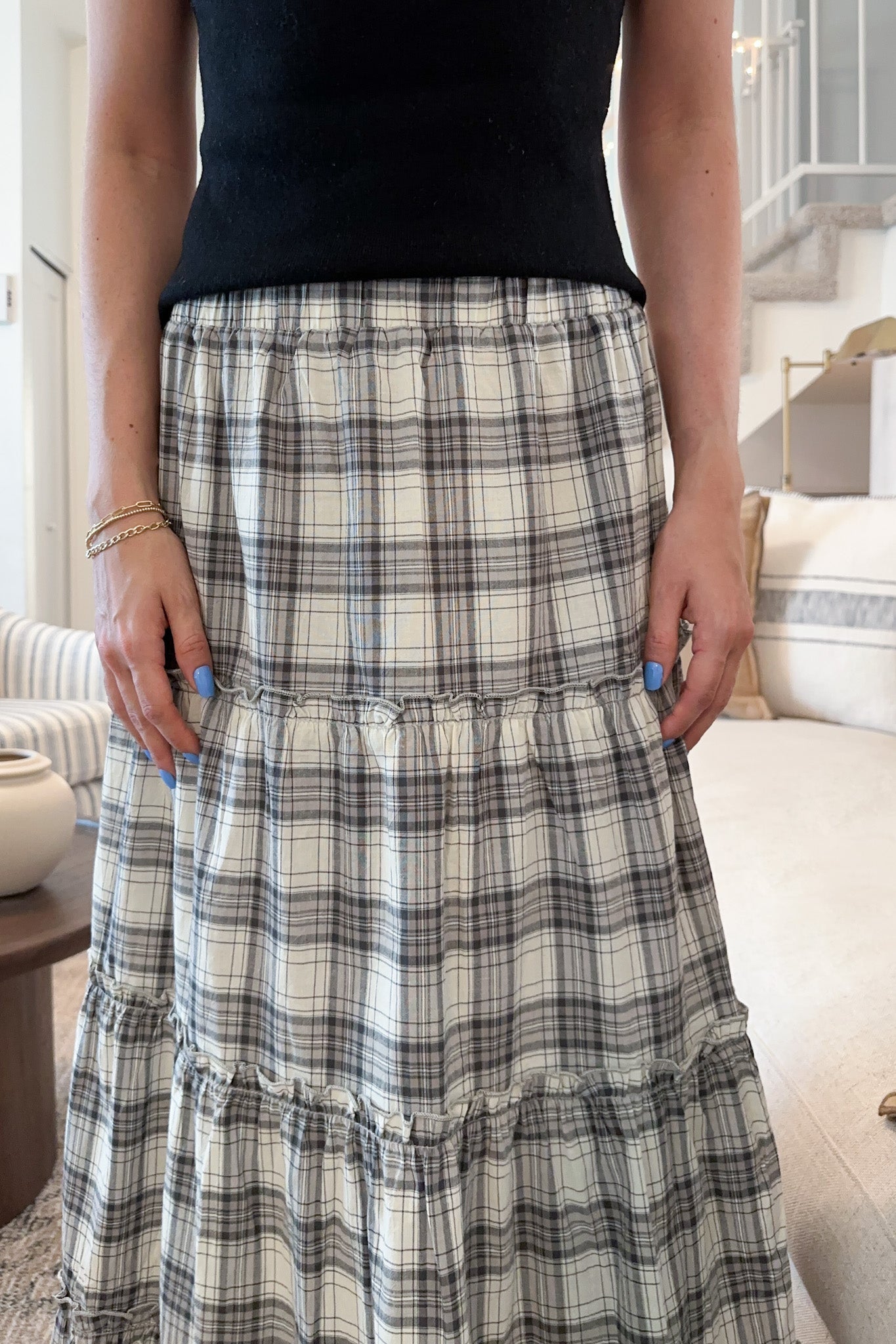 Stowe Plaid Tiered Maxi Skirt - Neutral Ground
