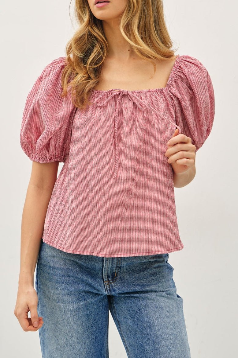Strawberry Fields Puff Sleeve Gingham Top - Neutral Ground