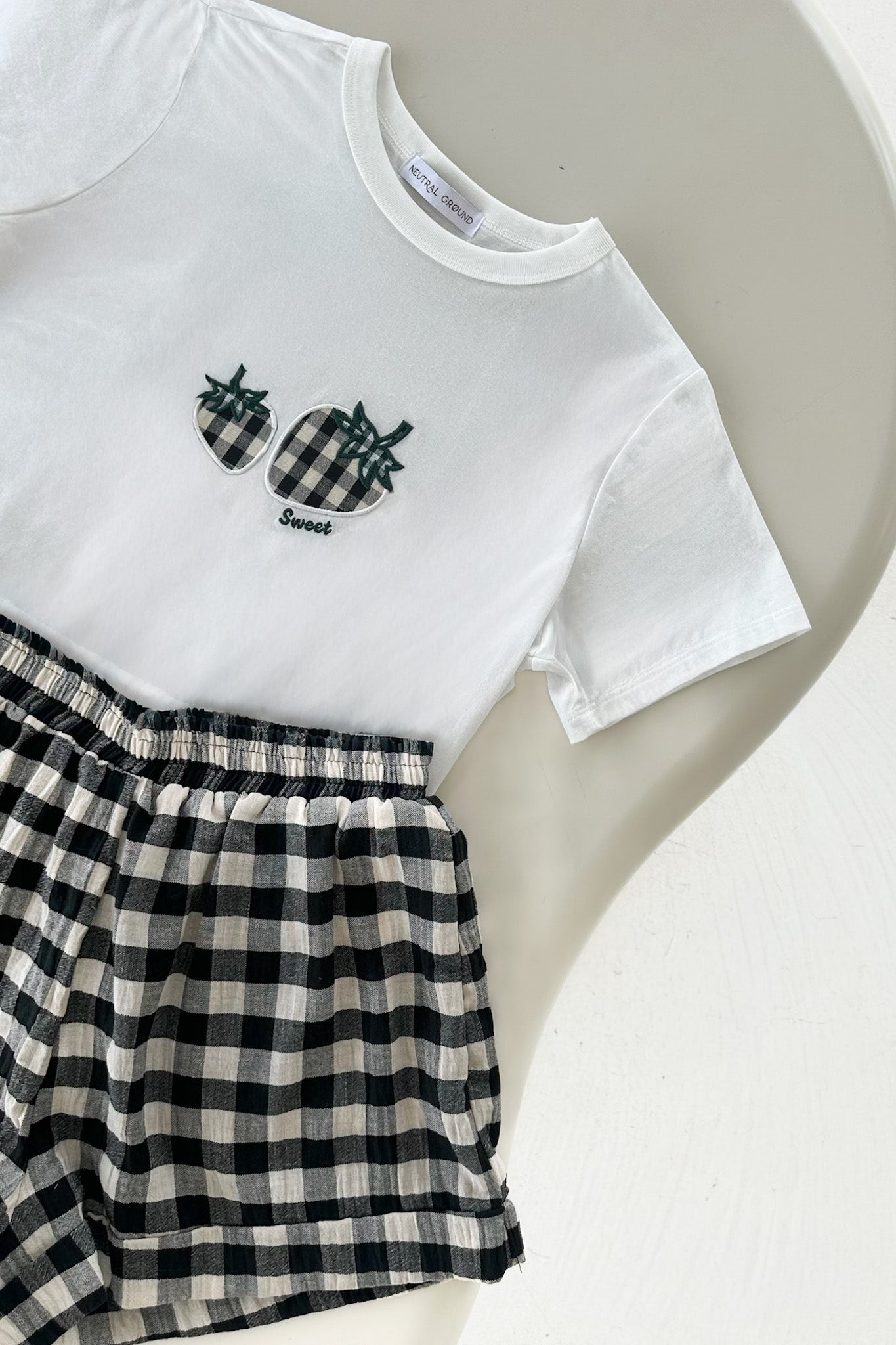 Strawberry Patch 100% Cotton Black and White Gingham T-Shirt - Neutral Ground