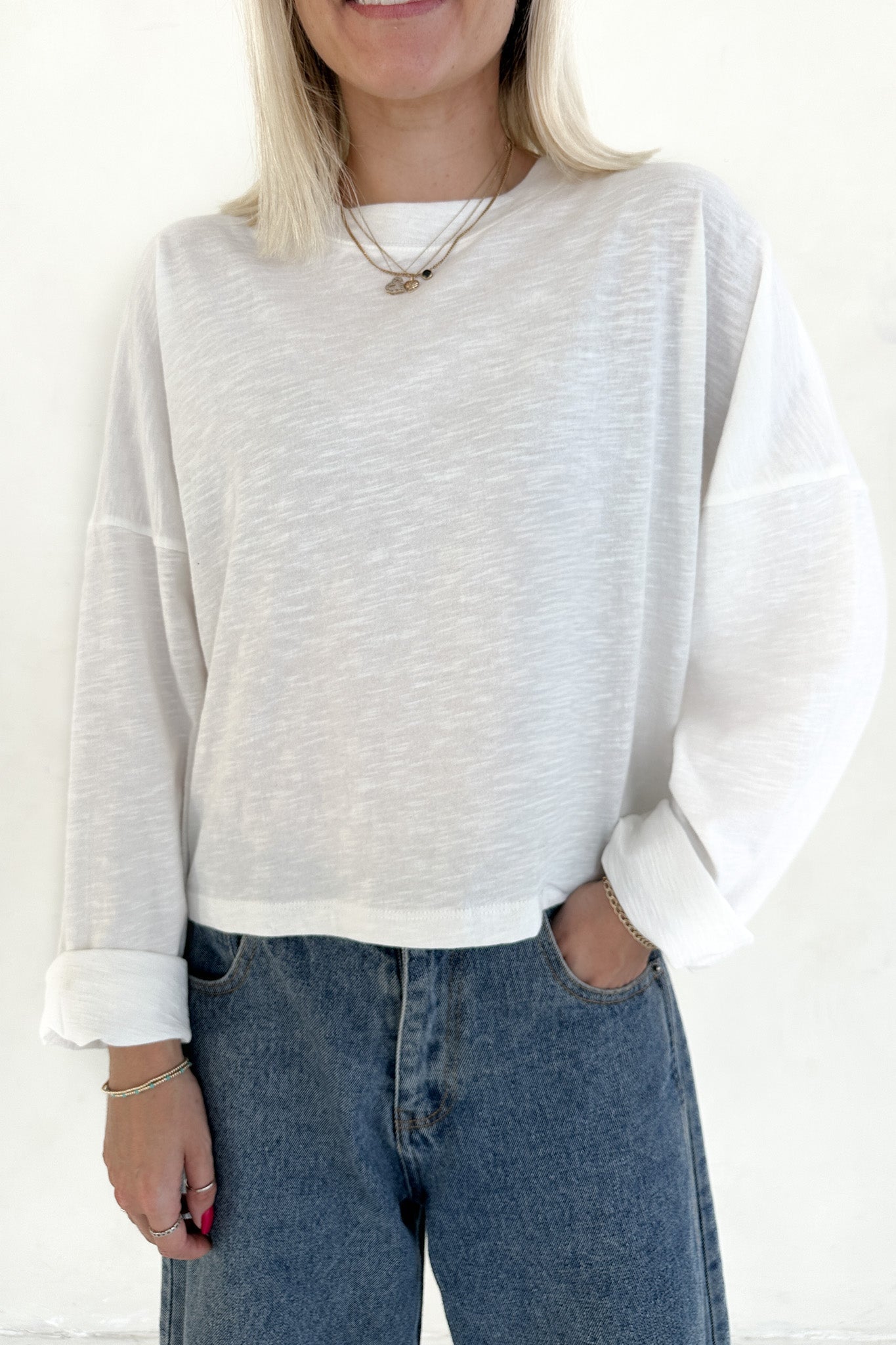 Studio Cropped Lightweight Long Sleeve Top in White - Neutral Ground