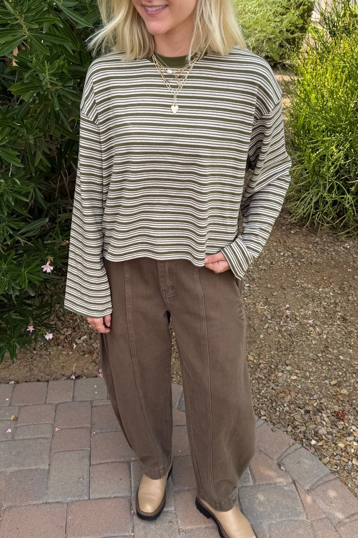 Studio Striped Lightweight Long Sleeve Top in Moss - Neutral Ground