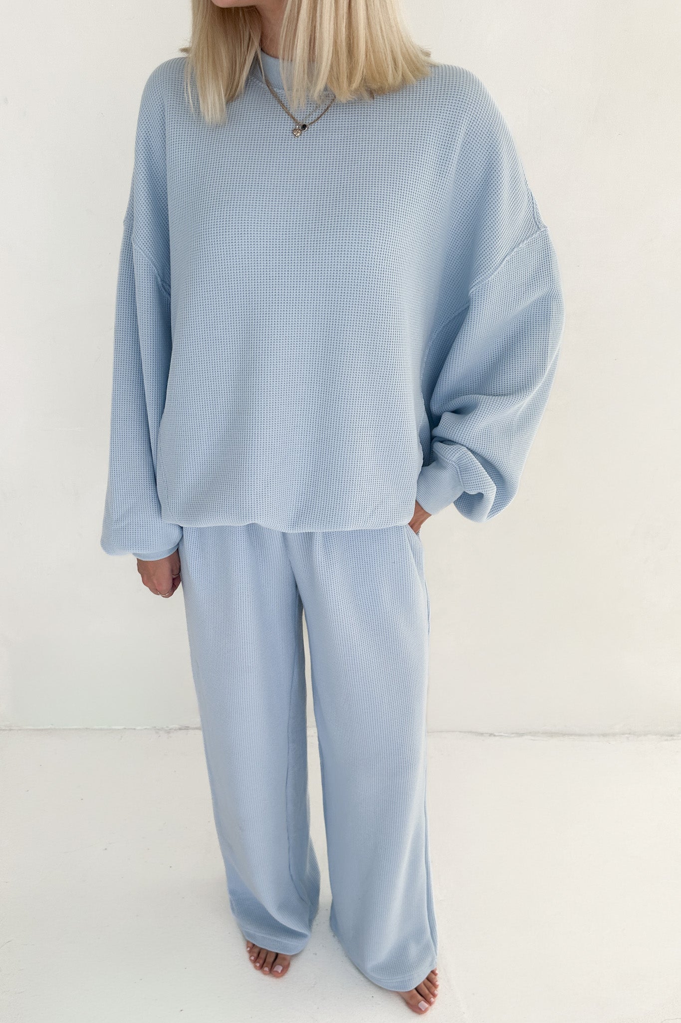 Sundays Waffle Knit Straight Leg Pants in Powder Blue - Neutral Ground