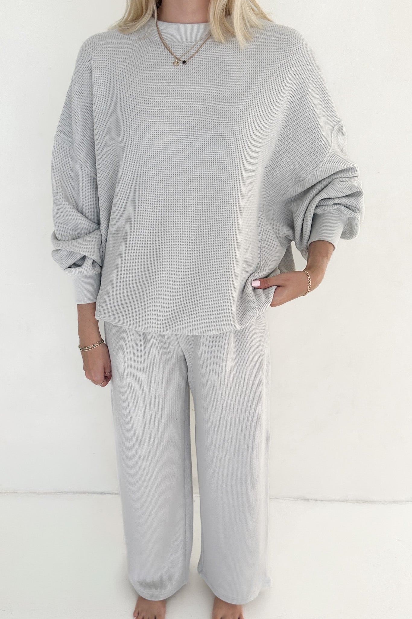 Sundays Waffle Knit Sweatshirt in Dove Grey - Neutral Ground