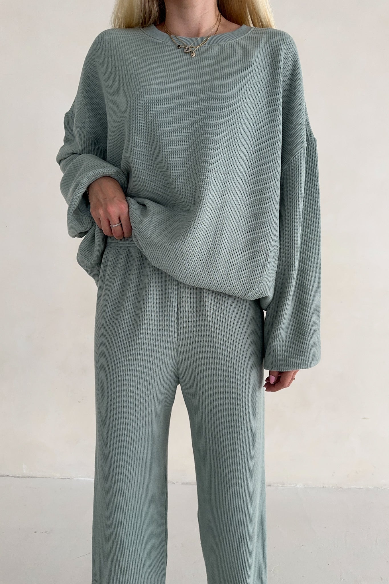 Sundays Waffle Knit Sweatshirt in Pistachio - Neutral Ground