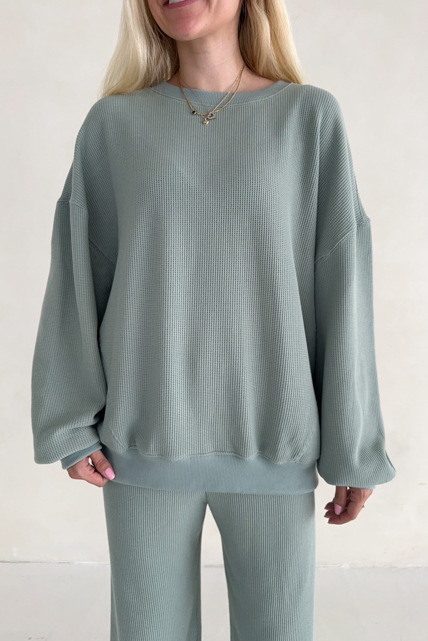 Sundays Waffle Knit Sweatshirt in Pistachio - Neutral Ground